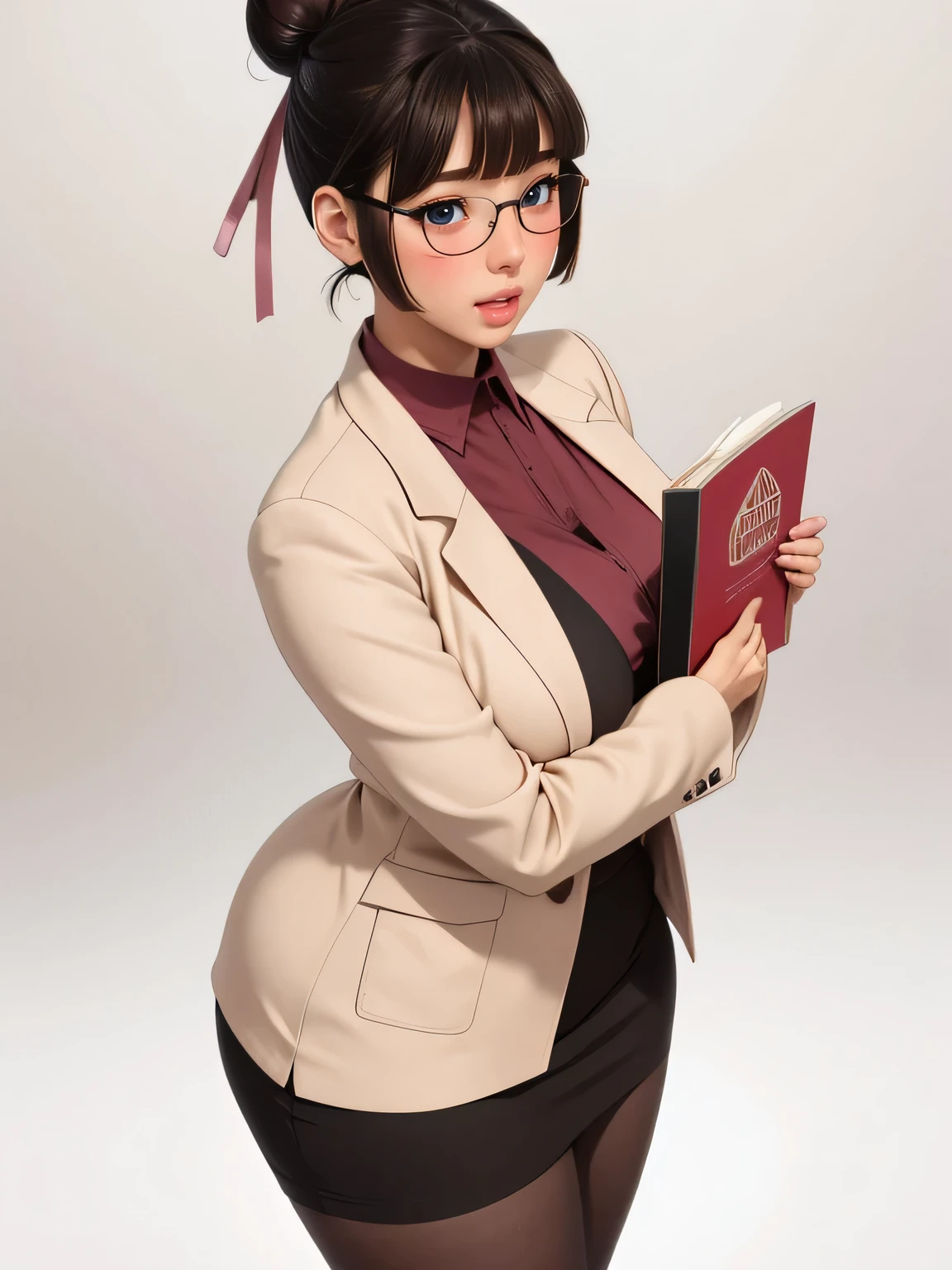 (highres, high quality:1.3), intricate details, cinematic lighting, sharp focus, depth of field,
KuroseKatsuko, 1girl, solo, full body, mature female, looking at viewer, standing, white background, siple background,
serious, embarrassed, blush, holding book, open mouth,
[brown|black] hair, short hair, blunt bang, hair bun, ribbon, makeup, lipstick, eyelashes, brown eyes, detailed eyes, glasses, perfect face, cute nose, beautiful face, perfect face, illuminated face, thick lips, blushes, symmetrical face, beautiful detailed face, human ears, seductive, pleasure expression, orgasm expression,
suit, jacket, skirt, black pantyhose, tight clothes,
huge breasts, curvy, thighs, wide hips, large hips, thick thights, huge thights, hourglass figure, big breasts, huge breasts, large breasts, big butt, huge butt, very slim stomach, thin belly,