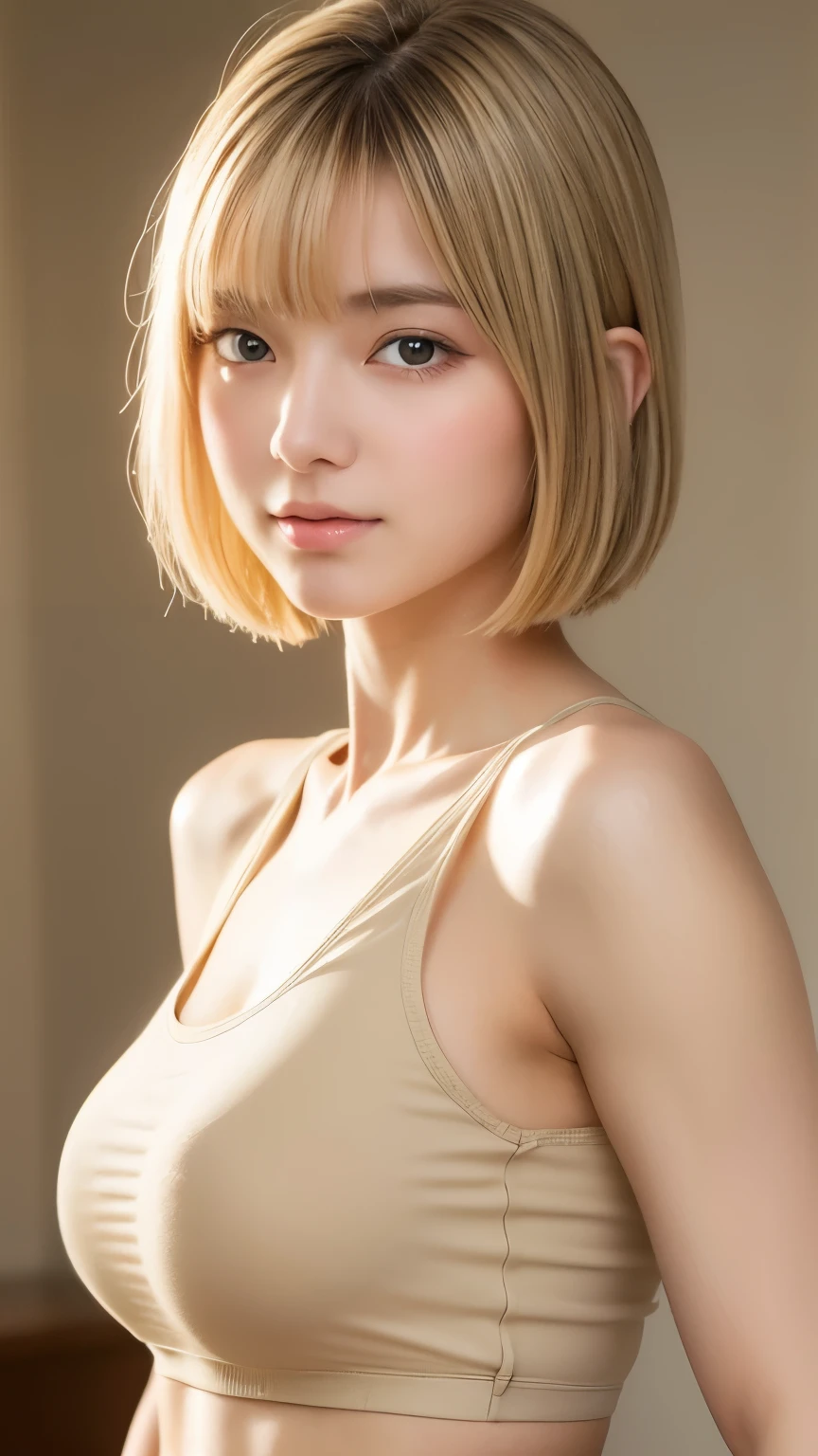 Beautiful and fair、Radiant Skin, 3 Up, Gorgeous, bright, Refreshing and gentle expression, Perfect beautiful face、Beautiful shiny bangs, A very beautiful girl, Eyeliner, Very perfect eyes,Very large breasts,Grooves reveal original skin,Muscular body,Light Khaki Yoga Wear,Upper Body,Blonde short hair