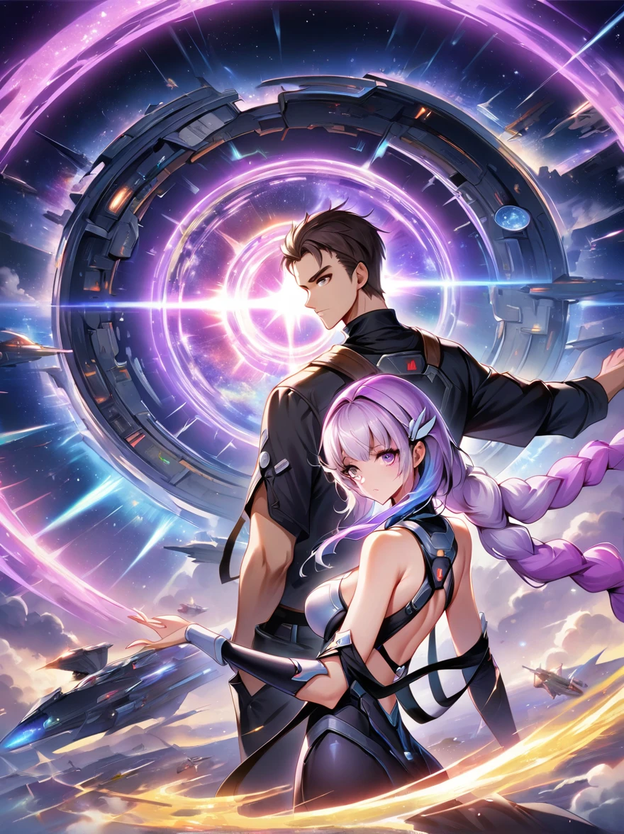 1yj1，(1boy:1.5)，(Boy and girl back to back:1.9)，Anime Girl, (Purple and White Ombre Long Ponytail), (There is a tuft of dark purple hair on the forehead, Colorful hair, (Deep purple eyes)，White mecha suitBREAK Black mecha dress, The figure is located in the center，yinji，Magnificent space image scenes，Planet，Interstellar，Huge Star Gate，Huge starship，spaceship，Shine under the stars，Anatomically correct，concise，Bright colors，Ultra high saturation