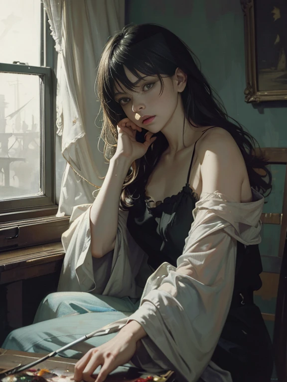 painting of woman, with influence of Jeremy Mann, Jeremy Mann, style of Jeremy Mann, Jeremy Mann painting, Jeremy Mann art, Ron Hicks, Liepke, Jeremy Mann and alphonse mucha, Works that influenced Edmund Blampid, robert lenkiewicz, Casey Baugh and James Jean, Works that influenced Willem Kalf, Nick Alm, tumbler, figurative art, Intense watercolor painting, watercolor detailed art,Beautiful and expressive painting, Beautiful artwork illustration, very colorful tones, Fantastic, cool beauty, highest quality,official art, women only, sharp outline, melancholy, nostalgia, Eyes without pupils, color eye, ideal anima, In search of lost time