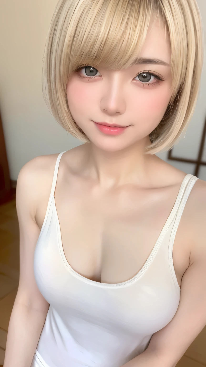 Beautiful and fair、Radiant Skin, 3 Up, Gorgeous, bright, Refreshing and gentle expression, Perfect beautiful face、Beautiful shiny bangs, A very beautiful 17 year old girl, Eyeliner, Very perfect eyes，Very large breasts，Grooves reveal original skin，Muscular body，Light Khaki Yoga Wear，Upper Body，Blonde short hair