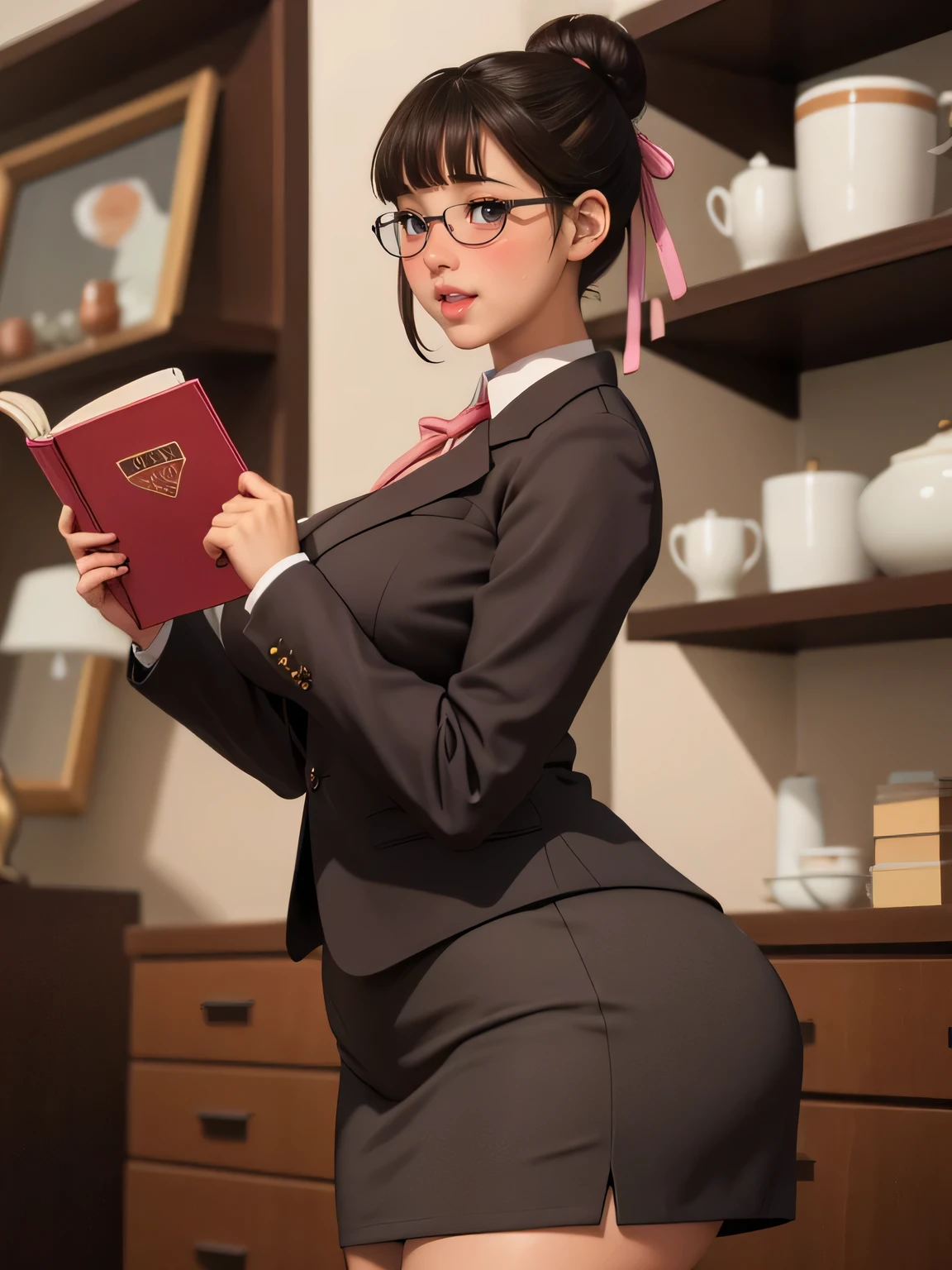 (highres, high quality:1.3), intricate details, cinematic lighting, sharp focus, depth of field,
KuroseKatsuko, 1girl, solo, full body, mature female, looking at viewer, standing, white background, siple background,
serious, embarrassed, blush, holding book, open mouth,
[brown|black] hair, short hair, blunt bang, hair bun, ribbon, makeup, lipstick, eyelashes, brown eyes, detailed eyes, glasses, perfect face, cute nose, beautiful face, perfect face, illuminated face, thick lips, blushes, symmetrical face, beautiful detailed face, human ears, seductive, pleasure expression, orgasm expression,
suit, jacket, skirt, black pantyhose, tight clothes,
huge breasts, curvy, thighs, wide hips, large hips, thick thights, huge thights, hourglass figure, big breasts, huge breasts, large breasts, big butt, huge butt, very slim stomach, thin belly,