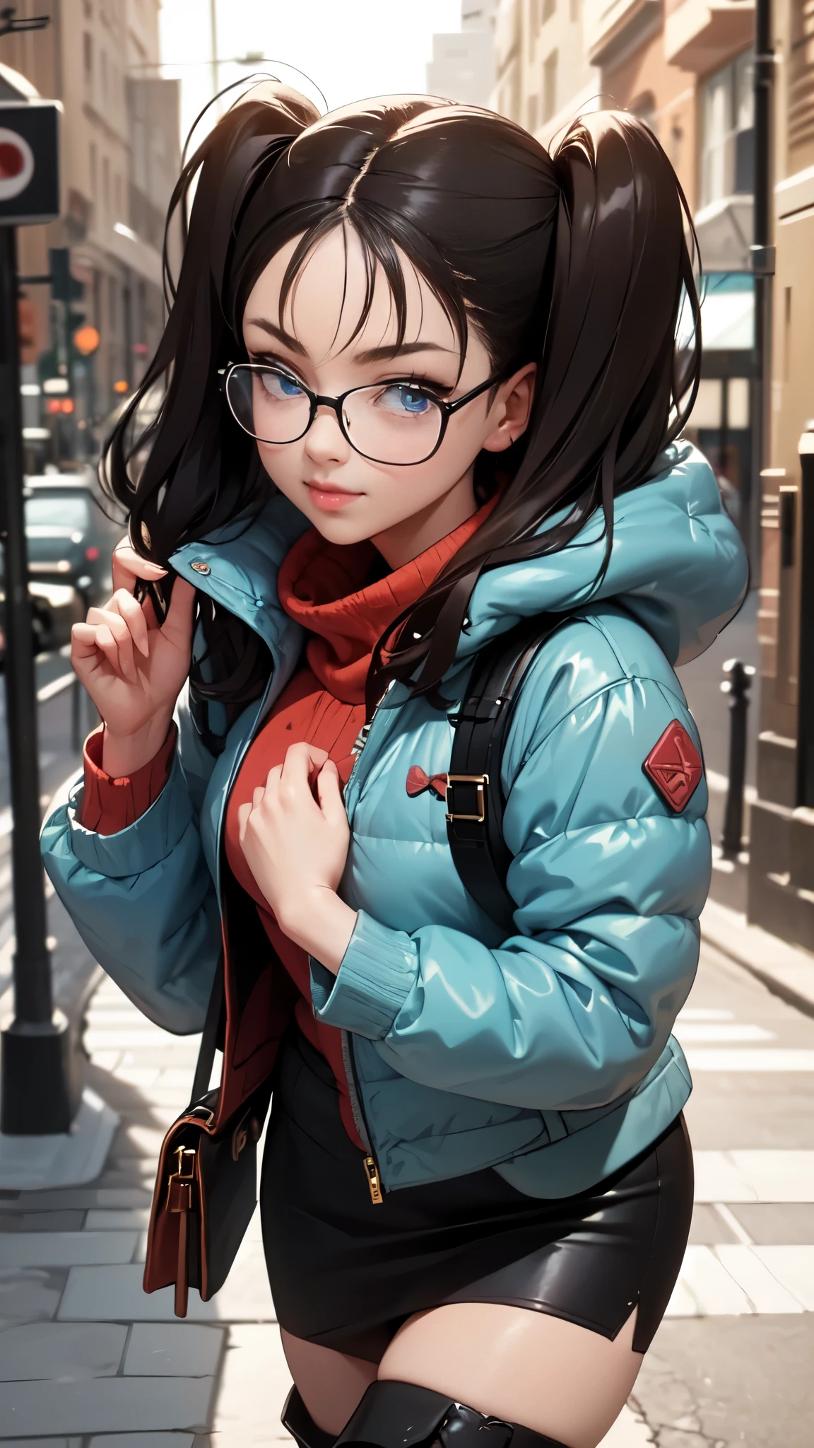 Masterpiece, beautiful art, professional artist, 8k, art style by sciamano240, very detailed face, detailed hair, detailed clothes, detailed fabric, 1girl, perfectly drawn body, beautiful face, long hair, light blue hair , very detailed blue cat eyes, wide smile, wearing trendy winter clothes , black thigh boots, black pencil skirt, glasses, pouty lips , rosey cheeks, evening winter setting, , show details in eyes, upclose view, looking at viewer, walking on sidewalk, purse on shoulder,