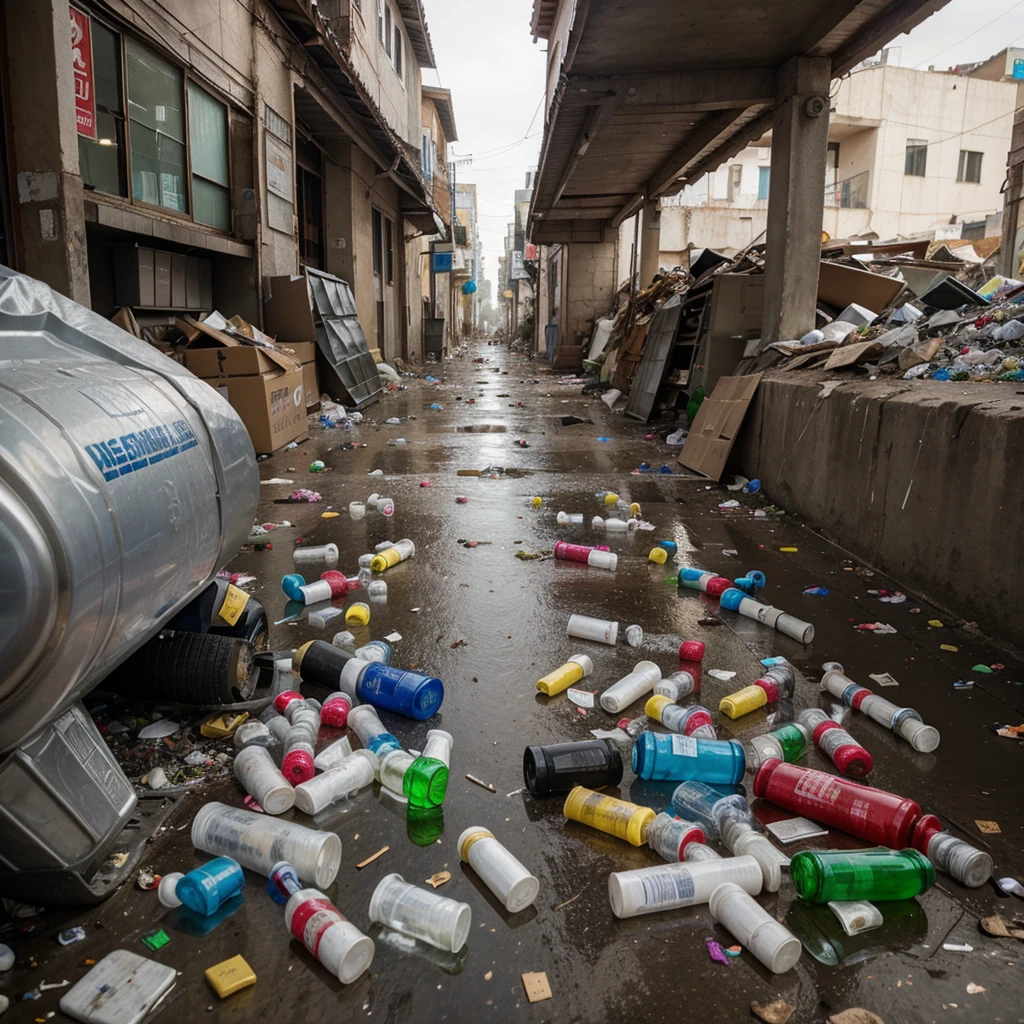 Piles of human-made garbage with condoms and glass water bottles