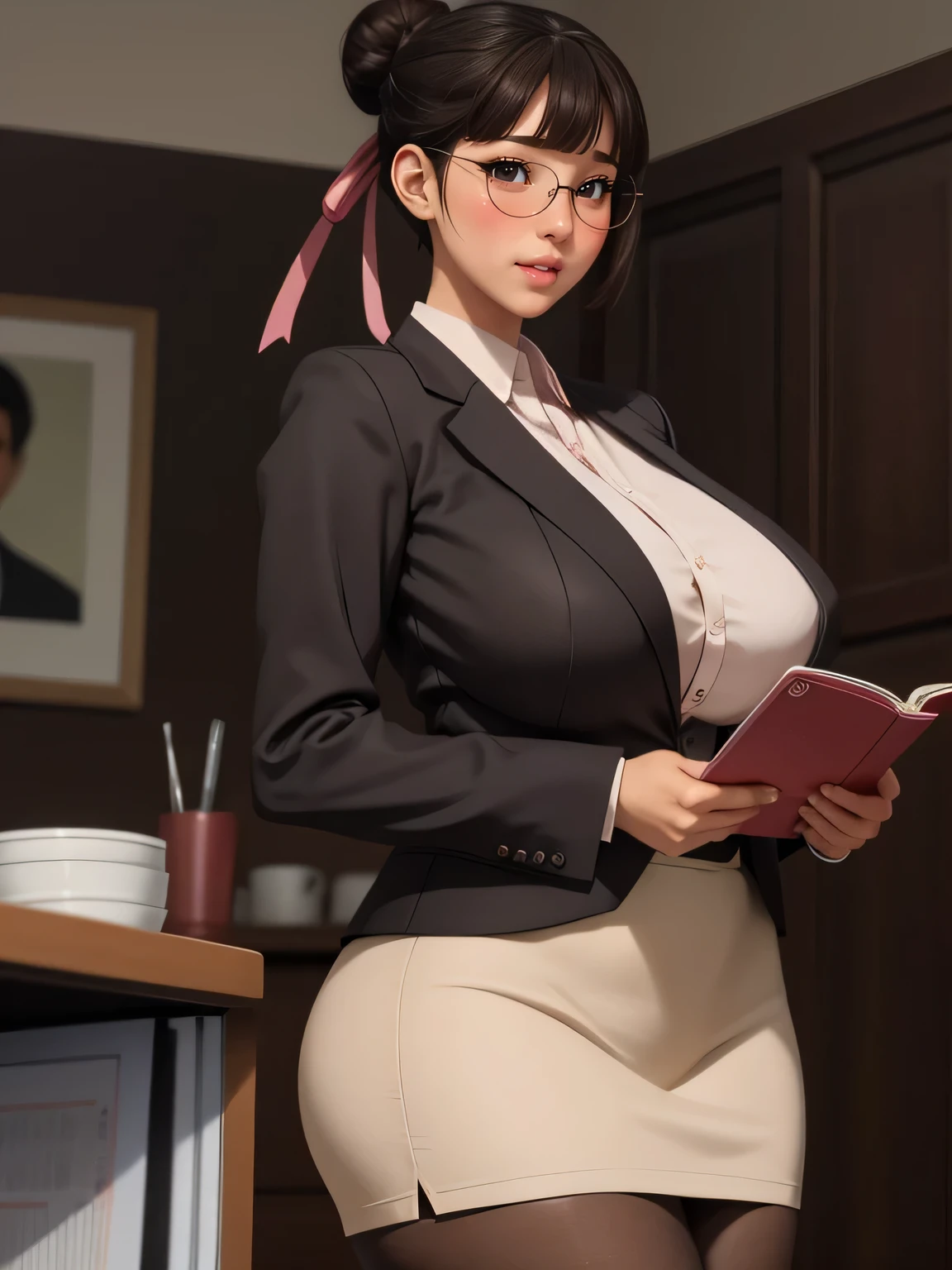 (highres, high quality:1.3), intricate details, cinematic lighting, sharp focus, depth of field,
KuroseKatsuko, 1girl, solo, full body, mature female, looking at viewer, standing, white background, siple background,
serious, embarrassed, blush, holding book, open mouth,
[brown|black] hair, short hair, blunt bang, hair bun, ribbon, makeup, lipstick, eyelashes, brown eyes, detailed eyes, glasses, perfect face, cute nose, beautiful face, perfect face, illuminated face, thick lips, blushes, symmetrical face, beautiful detailed face, human ears, seductive, pleasure expression, orgasm expression,
suit, jacket, skirt, black pantyhose, tight clothes,
huge breasts, curvy, thighs, wide hips, large hips, thick thights, huge thights, hourglass figure, big breasts, huge breasts, large breasts, big butt, huge butt, very slim stomach, thin belly,