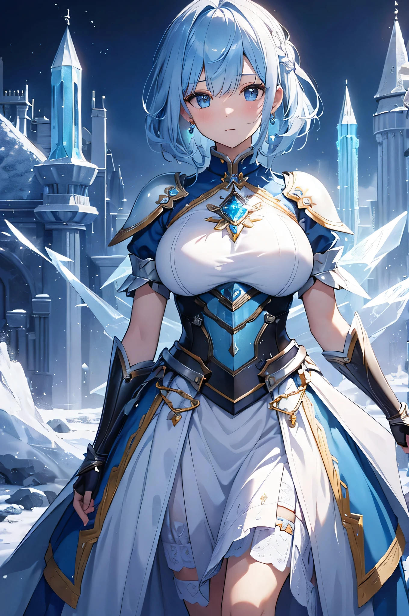4k,High resolution,One Woman,Light blue hair,Short Hair,Braid,Big Breasts,princess,princess knight,Ice Crystal Armor,Heavy Armor,Full Armor,Princess's Tiara,Jewelry decoration,Crystal Sword,A castle made of crystal