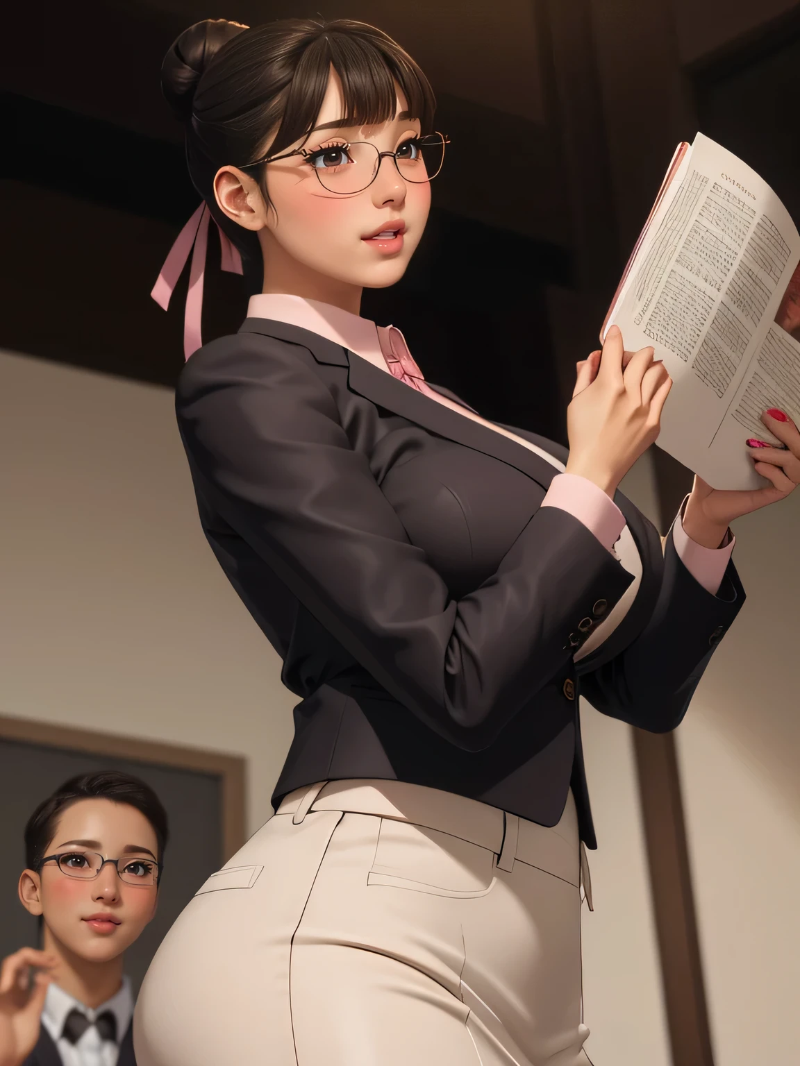 (highres, high quality:1.3), intricate details, cinematic lighting, sharp focus, depth of field,
KuroseKatsuko, 1girl, solo, full body, complate body mature female, looking at viewer, standing, white background, siple background,
serious, embarrassed, blush, holding book, open mouth,
[brown|black] hair, short hair, blunt bang, hair bun, ribbon, makeup, lipstick, eyelashes, brown eyes, detailed eyes, glasses, perfect face, cute nose, beautiful face, perfect face, illuminated face, thick lips, blushes, symmetrical face, beautiful detailed face, human ears, seductive, pleasure expression, orgasm expression,
suit, jacket, skirt, black pantyhose, tight clothes,
huge breasts, curvy, thighs, wide hips, large hips, thick thights, huge thights, hourglass figure, big breasts, huge breasts, large breasts, big butt, huge butt, very slim stomach, thin belly,