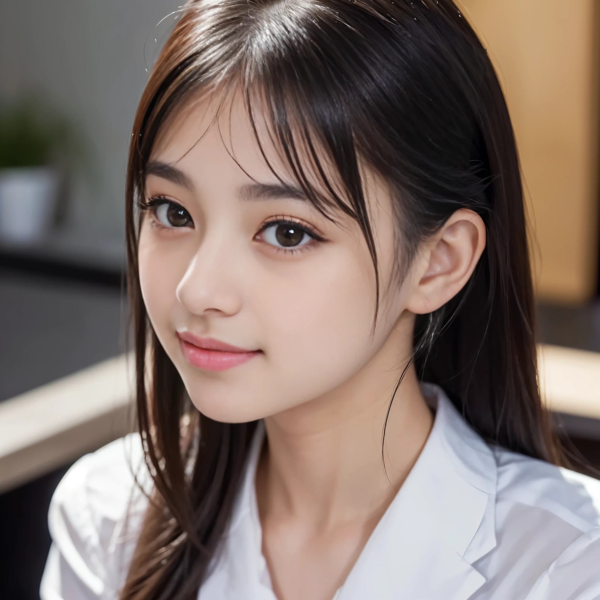 (Best-quality, Masterpiece, Ultra-High-Resolution, (Photorealistic:1.4), Raw Photo, depth of field, professional lighting, perfect anatomy, extremely details), 1girl, -yeld, thost famous Japanese idol, upper body, at office, wearing formal business suit, (extremely cute face like the most popular Japanese idol, (extremely cute ane extremely big black-eyes), extremely beautiful hair, extremely beautiful skins, extremely cute long-eyelashes, extremely cute lips), looking at viewer, innocent smile