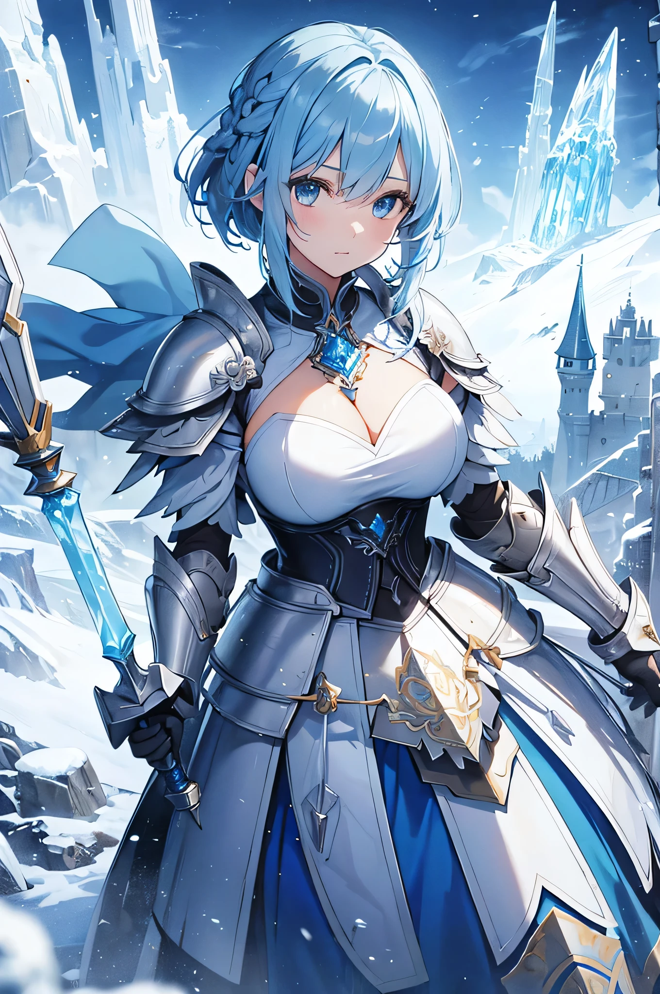 4k,High resolution,One Woman,Light blue hair,Short Hair,Braid,Big Breasts,princess,princess knight,Ice Crystal Armor,Heavy Armor,Full Armor,Princess&#39;s Tiara,Jewelry decoration,Crystal Sword,A castle made of crystal