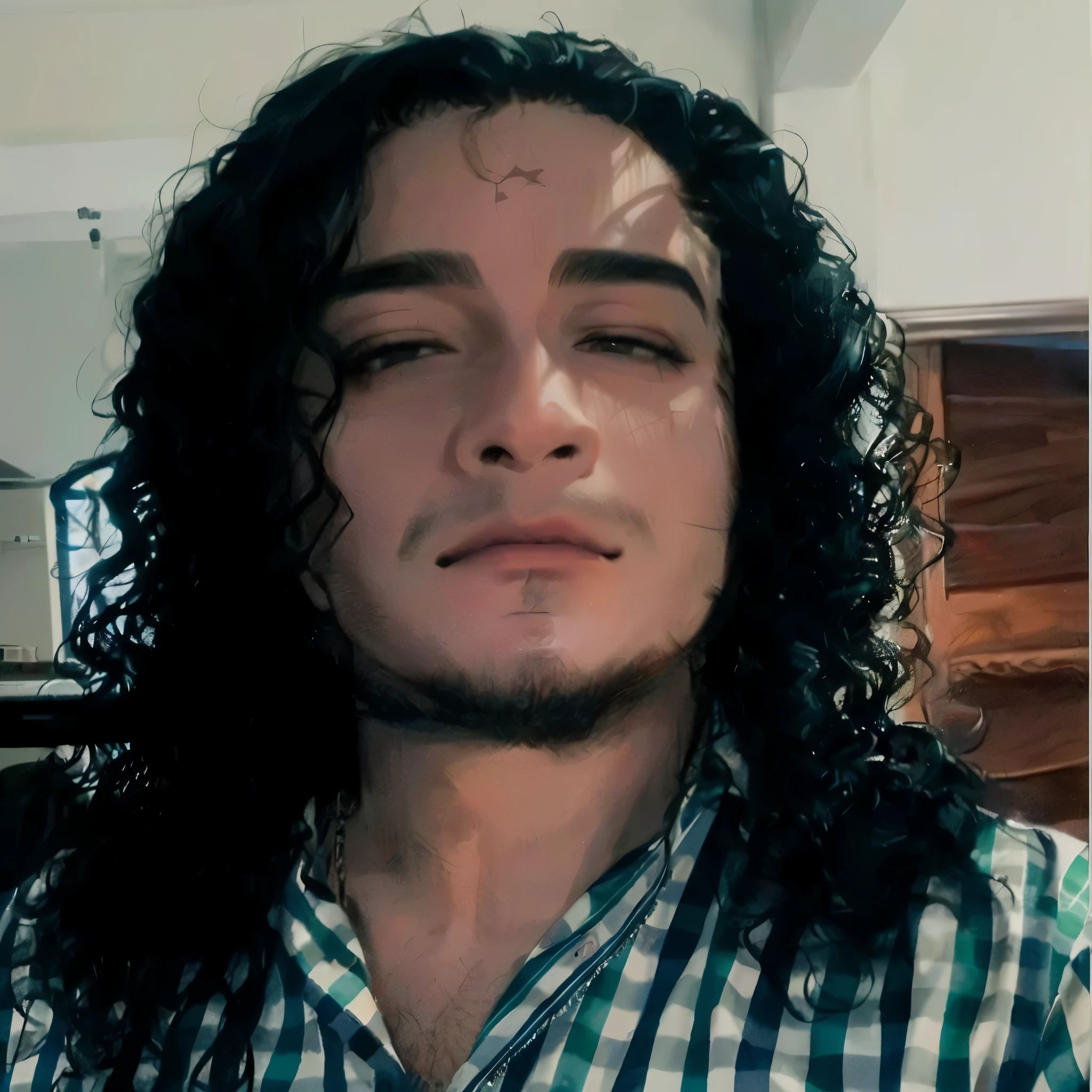 arafed man with long black hair and a plaid shirt, a black man with long curly hair, with his long black hair, inspired by Jorge Jacinto, with long curly hair, around 1 , alejandro, curls on top of his head, frontal picture, 2 8 years old old, andres ring hair