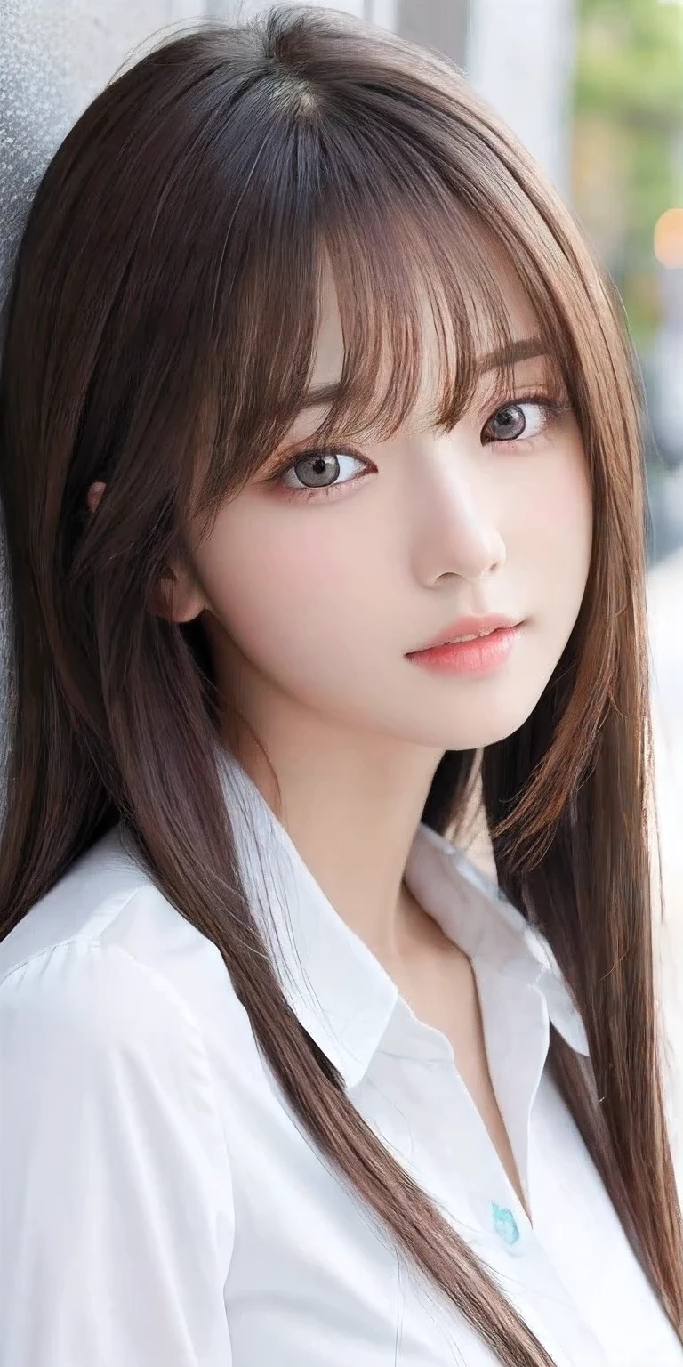 masterpiece、highest quality、High resolution、Tabletop、wallpaper、Realistic、Bright lighting、Professional Lighting、Face Light、Smooth lighting、Japanese women、20-year-old、Beautiful woman、action、gravure、sexy、White male&#39;Open collar shirt、so beautiful、Beautiful Skin、Beautiful and detailed、Detailed face、slim、Moderate、Beautiful long hair、Brunette colored hair、Dark brown eyes、Looking at the camera、Upper Body