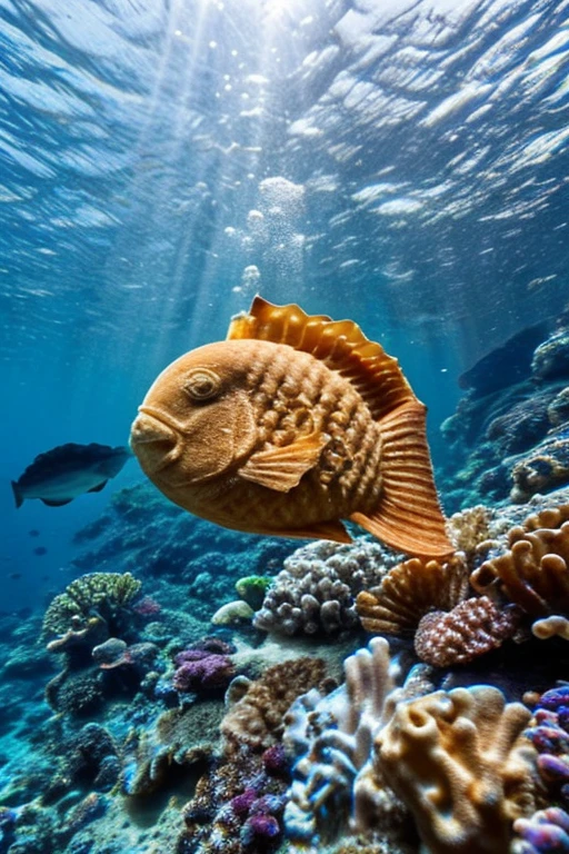 photo_unp, realistic photo of an Underwater world, taiyaki (waffle:0.4) under the sea, no humans, (masterpiece:1.0), (best quality:1.0), beautiful, (intricate details), unity 8k wallpaper, ultra detailed, sunlight