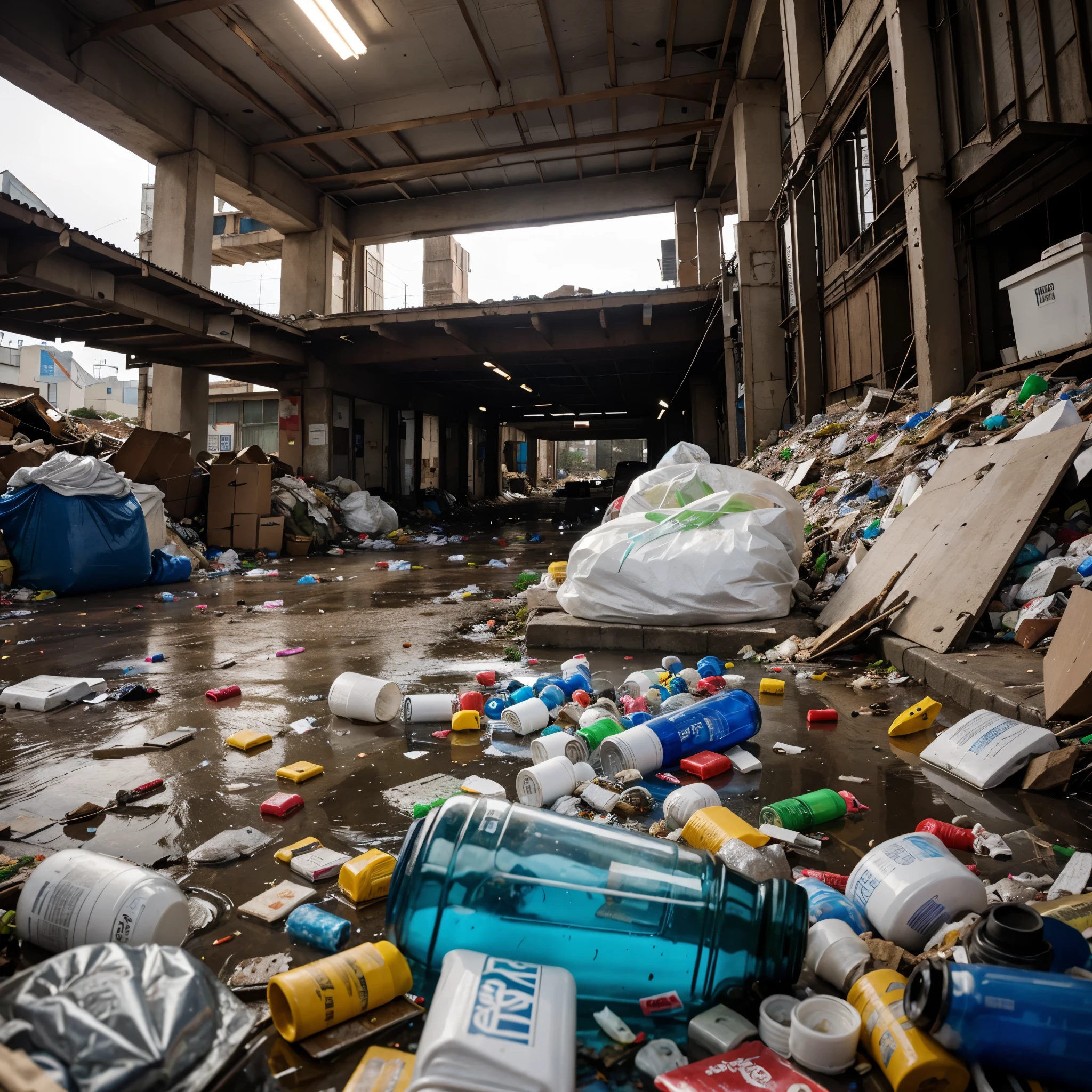Piles of human-made garbage with condoms and glass water bottles