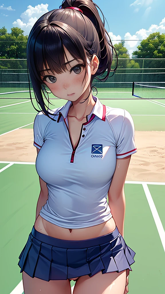 (masterpiece), (highest quality),Ultra-high resolution, Caustics, Get used to it, Beautiful Get used to it FACE,Perfect Anatomy,Cowboy Shot,Solo beauty、日BookのBookを読む人、Black Hair,Short Bob Hair,black eye,Slender body,Ideal body type,Medium chest,Sunburned skin,Glowing Skin,Oily skin,Shiny skin,Squat,ponytail,((latex、Tennis uniform、White polo shirt、White pleated mini skirt)),tennis racket1Book、正しく描かれたtennis racket:1.12、Outdoor、Tennis court、,Full body image((beautiful pussy line:1.59)),,(((Mr.... Mr... Mr.. A is very cute and has a childlike face....:1.15))), 、(Very large breasts:1.4),(The vaginal line is secretly visible in the darkness beneath the skirt:1.9)