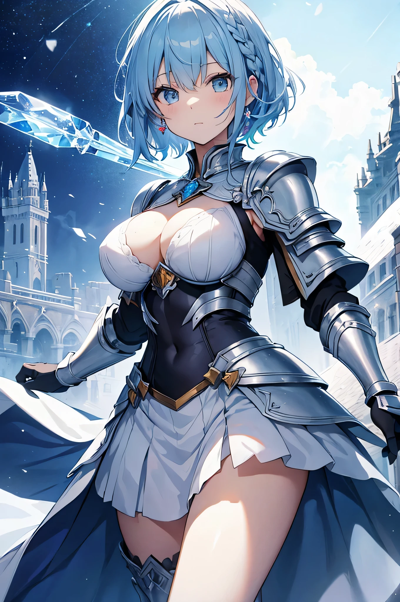 4k,High resolution,One Woman,Light blue hair,Short Hair,Braid,Big Breasts,princess,princess knight,Ice Crystal Armor,Heavy Armor,Full Armor,White princess dress,Princess&#39;s Tiara,Jewelry decoration,Crystal Sword,A castle made of crystal