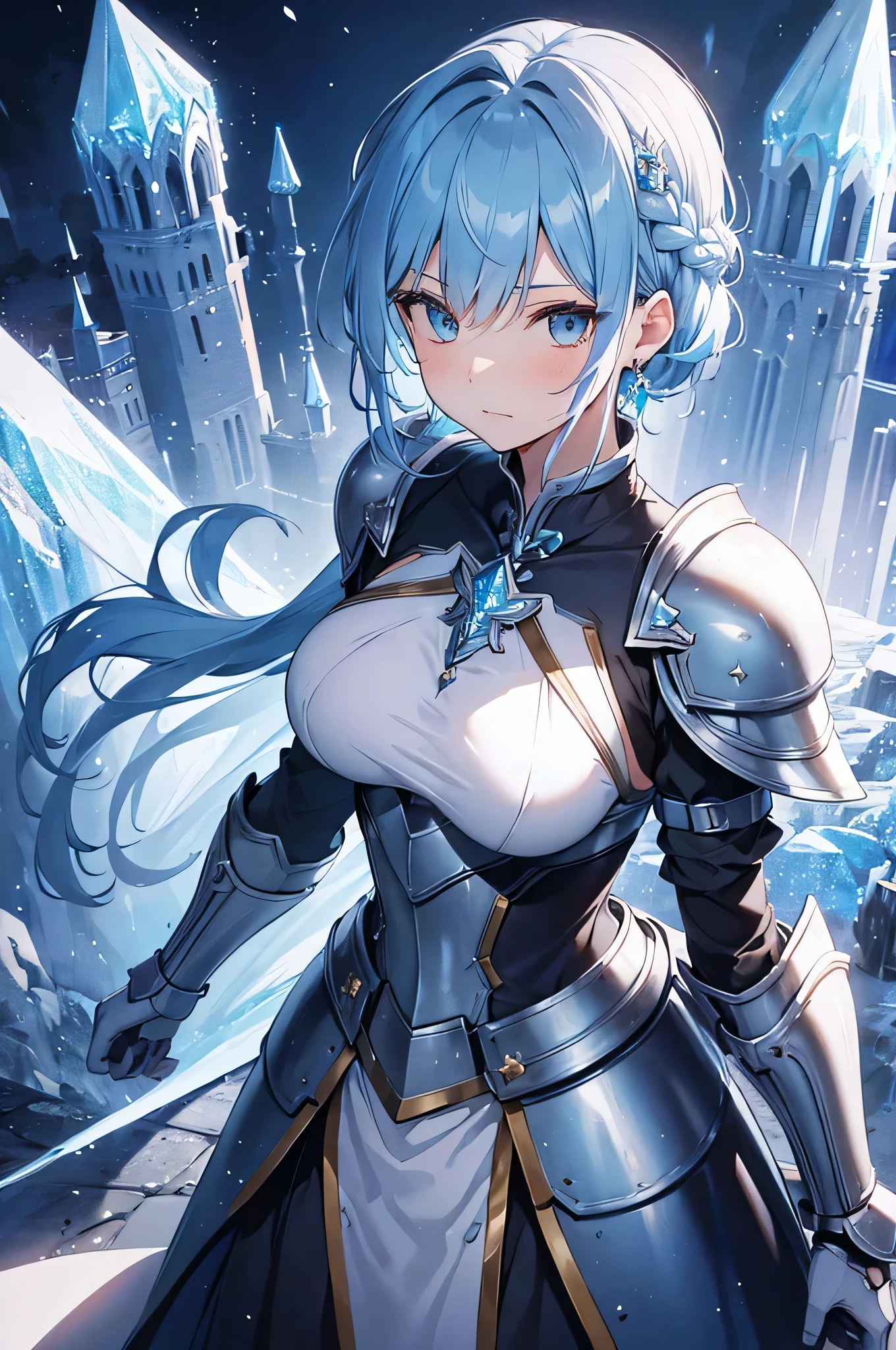 4k,High resolution,One Woman,Light blue hair,Short Hair,Braid,Big Breasts,princess,princess knight,Ice Crystal Armor,Heavy Armor,Full Armor,Princess's Tiara,Jewelry decoration,Crystal Sword,A castle made of crystal