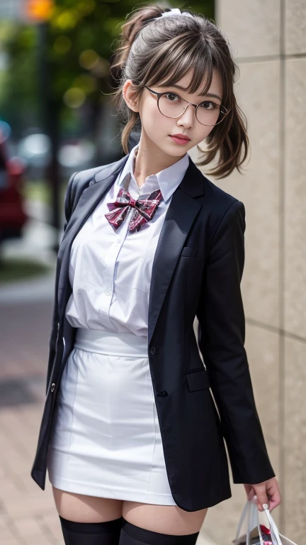 (8K、Photographgraphy、highest quality、masterpiece:1.2),show、black pantyhose,absurd,small face,chest is open、Part the front hair from the center、I can see the forehead,(Tight eye,strong,skinny,skinny,I get irritated)、masterpiece,highest quality、超A high resolution,Photograph,only,beautiful feces,one person, one person,Glasses,,dark look,whole body,Round glasses、cute、japanese woman,Are standing,(Tight eye,strong,skinny、(Photoreal:1.37)、photon mapping,light blue ribbon,realistic、cutesmall face,Brown eye、black socks、(red bow tie)、radio city、Physics-based only dulling、prospect、written boundary depth、blurred background、photograph,girl、body, long legs, thin legs,ponytail,(I can see the front hair), hair, lips, green_eye, soft nose,white lingerie, Navy blue and white plaid pleated skirt, I can see your knees,thin clothes,, thigh, black cotton socks,Nogizaka Idol, , Japanese ID card、big breasts、Please expose your chest