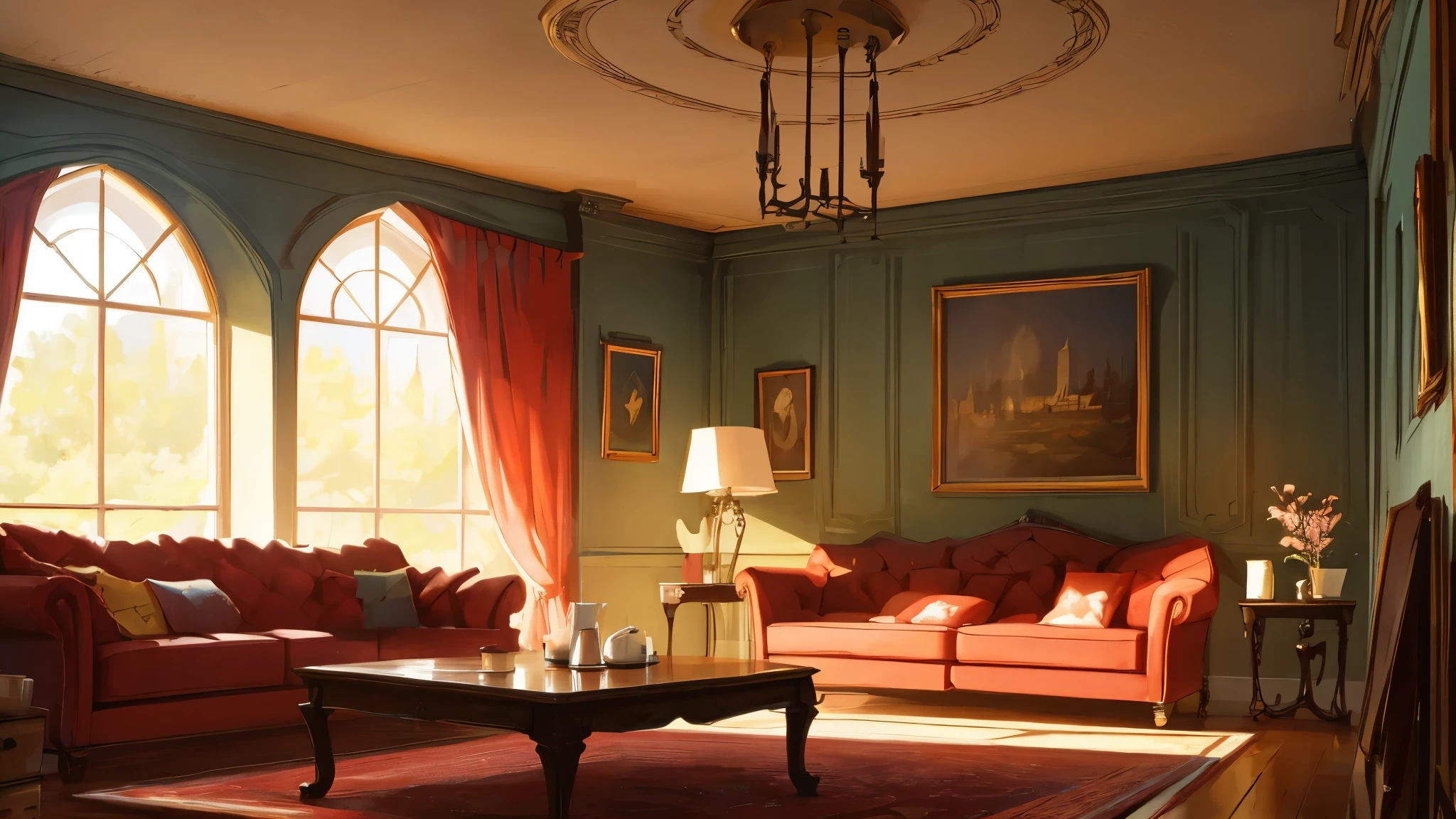 visual novel background, noble estate interior, fantasy mansion interior, living room with chairs sofa and a coffee table, large windows overlooking massive noble garden, extremely detailed