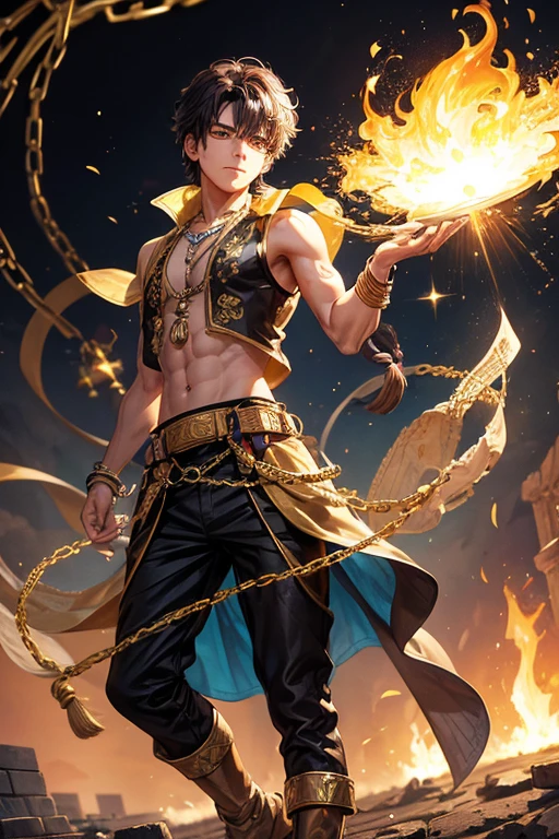 Rajeev Bugwatti, 20 years old, short dark golden brown hair, short messy hair, black colored eyes, djinn clothing, light yellow sleeveless open vest, light yellow vest with black Arabic print, light black Arabic pants, belt golden, djinn bracelet with silver gems, brown boots, phosphorescent yellow tattoos, surrounded by fire and golden smoke, tied with chains of hands and feet surrounded by white chains, magic circles in each hand light blue on a background of Arab ruins.