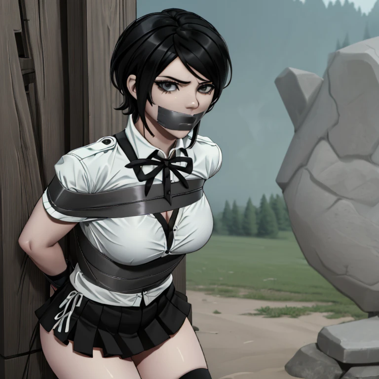 (absurdres, 8k, 4k, masterpiece, hyper extreme detailed:1.2), solo, 1girl, front view, perfect face, 1girl, portrait, looking at viewer, Female,  Female, short hair, 8k uhd, 1girl, cowboy shot, full body, detailed eyes, expressive eyes, medium chest, wind, windy, moving hair, moving clothes, swept bangs, mature short hair, gray eyes, short sleeve white collar shirt, black shirt ribbon, tan combat gloves, gray skirt, black thigh high socks, expressionless, emotionless, soldier, calm, quiet, toned, athletic, perfect anatomy, detailed eyes, tape, gagged, bondage, res, in stocks pose
