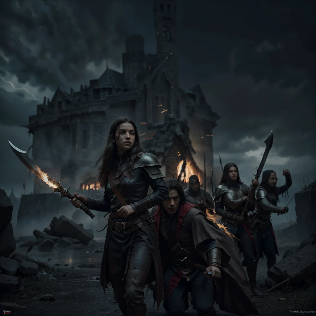 a dramatic cinematic fantasy war scene, 1 elf army vs 1 orc army, violent battle, heavy rain, intense lightning, powerful magic, fire arrows flying through the air, highly detailed, 8k, photorealistic, professional digital art, epic cinematic lighting, dramatic colors, dynamic composition, close up, swords clashing, fallen fighters, dark castle, mages, archers, dragons, demons, paladins, beautiful detailed eyes, beautiful detailed lips, extremely detailed eyes and face, long eyelashes, epic fantasy, dark and gritty, moody atmosphere, volumetric lighting, realistic textures, vibrant colors, intricate details