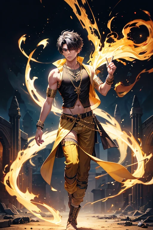 Rajeev Bugwatti, 20 years old, short dark golden brown hair, short messy hair, black colored eyes, djinn clothing, light yellow sleeveless open vest, light yellow vest with black Arabic print, light black Arabic pants, belt golden, djinn bracelet with silver gems, brown boots, phosphorescent yellow tattoos, surrounded by fire and golden smoke, tied with chains of hands and feet surrounded by white chains, magic circles in each hand light blue on a background of Arab ruins.