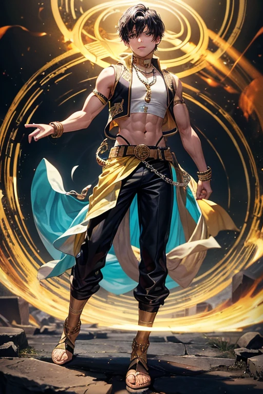 Rajeev Bugwatti, 20 years old, short dark golden brown hair, short messy hair, black colored eyes, djinn clothing, light yellow sleeveless open vest, light yellow vest with black Arabic print, light black Arabic pants, belt golden, djinn bracelet with silver gems, brown boots, phosphorescent yellow tattoos, surrounded by fire and golden smoke, tied with chains of hands and feet surrounded by white chains, magic circles in each hand light blue on a background of Arab ruins.