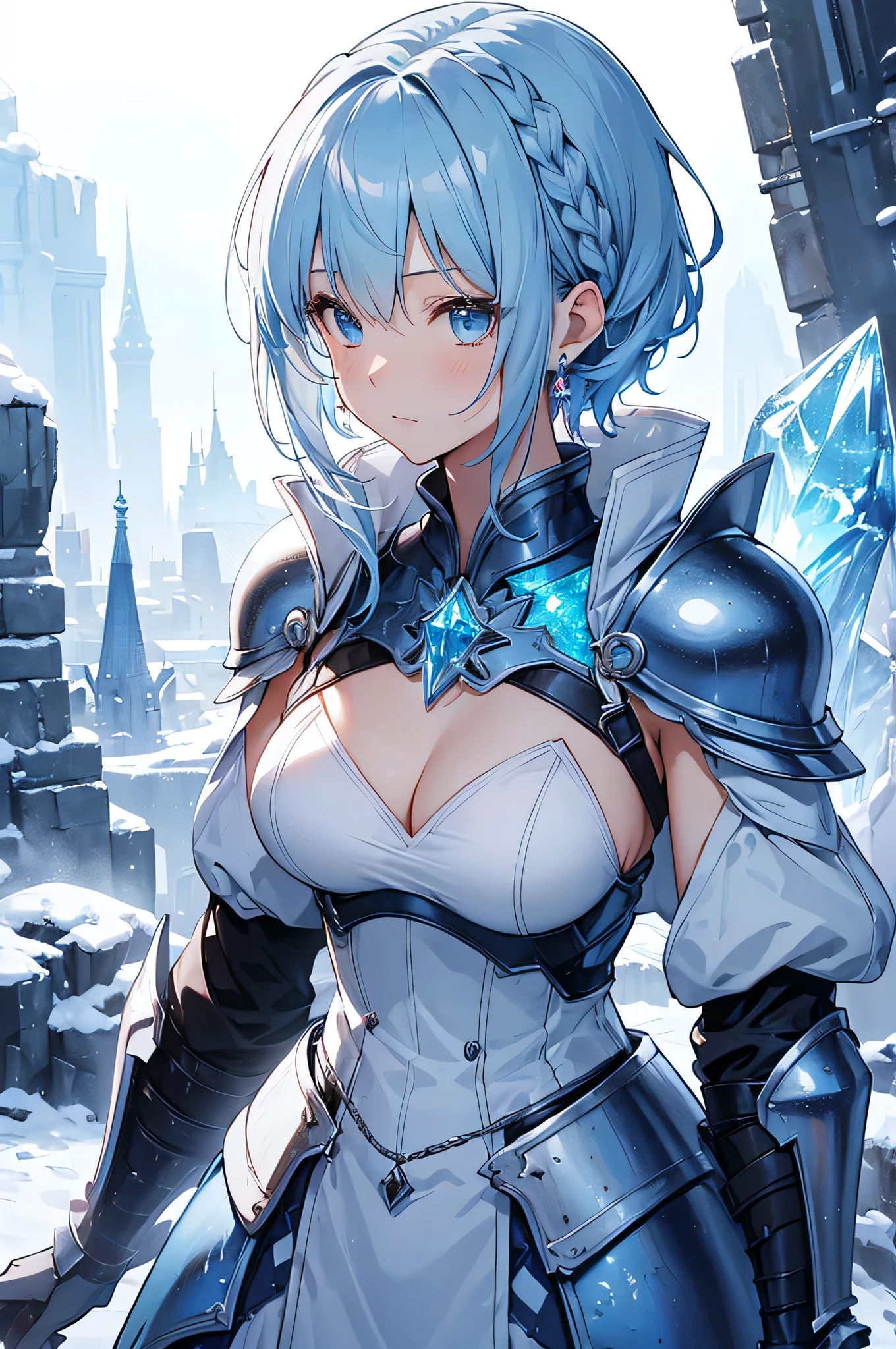 4k,High resolution,One Woman,Light blue hair,Short Hair,Braid,,princess,princess knight,Ice Crystal Armor,Heavy Armor,Full Armor,Sideboob,Princess's Tiara,Jewelry decoration,Crystal Sword,A castle made of cryl