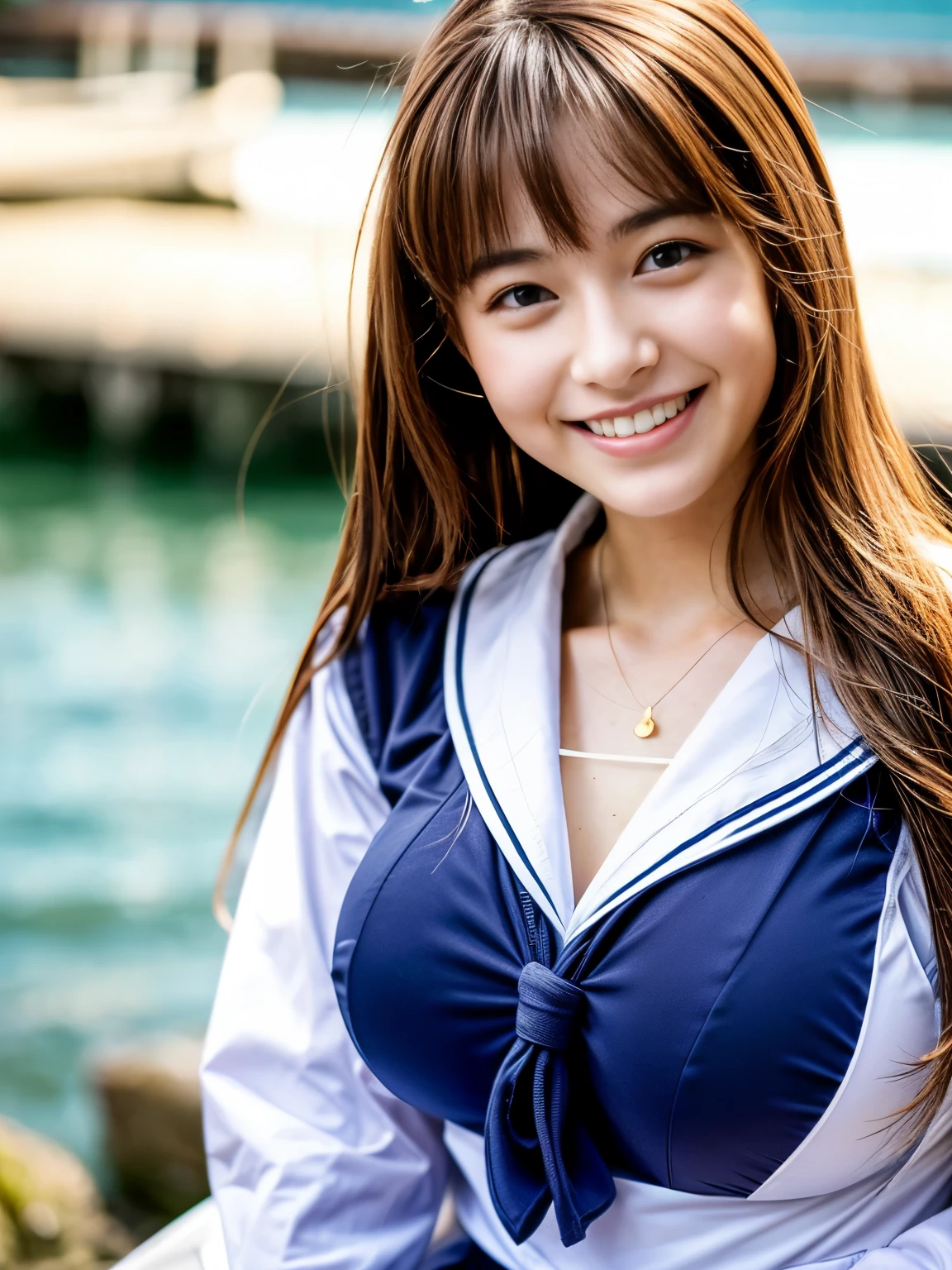 (photorealistic:1.37), ultimately realistic textures, clearly, highest quality,best image,Japanese,big breasts,long brown hair,beautiful girl,sailor suit,smile