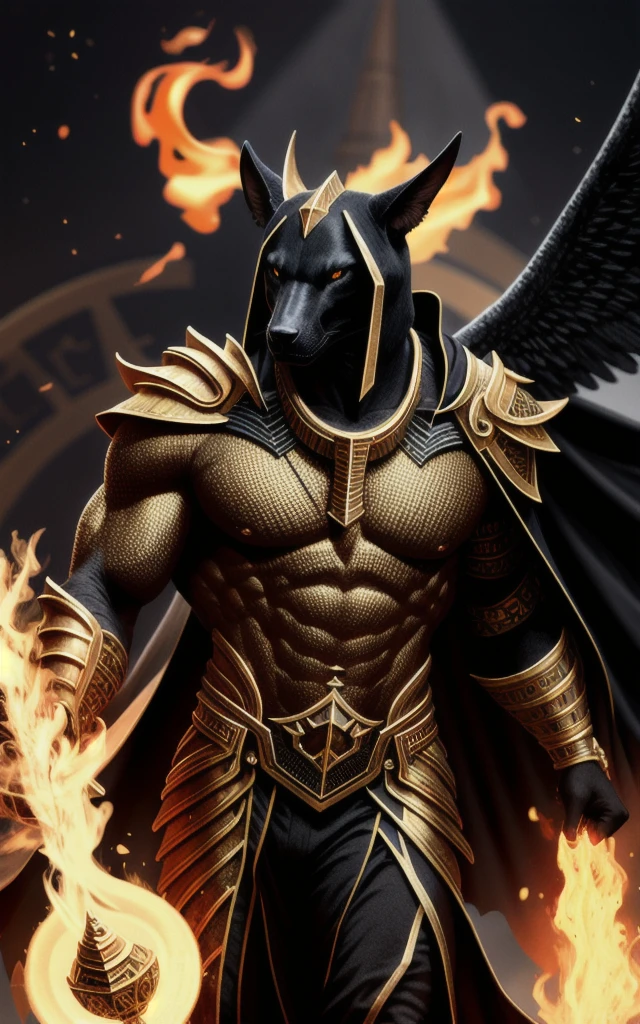 (high quality), photorealistic, (oil painting)
jewelry, (solo),
(dynamic pose), towards right, ((hell gate)), fire, hell landscape, (the underworld), (dark landscape),
anubis, egyptian jackal headed god, anthro, muscular, (holding golden scales), dynamic pose, cinematic, dramatic camera angle, golden armor:0.25, black & gold cape, (good anatomy), (good proportions), award winning, masterpiece, centered,