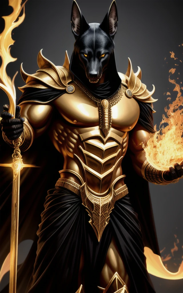 (high quality), photorealistic, (oil painting)
jewelry, (solo),
(dynamic pose), towards right, ((hell gate)), fire, hell landscape, (the underworld), (dark landscape),
anubis, egyptian jackal headed god, anthro, muscular, (holding golden scales), dynamic pose, cinematic, dramatic camera angle, golden armor:0.25, black & gold cape, (good anatomy), (good proportions), award winning, masterpiece, centered,