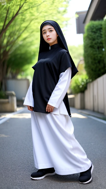 Japanese,Young slim nun, standing outdoors with a full body shot taken from below, her figure clothed in habitual attire, a testament to her religious devotion. The braless nature of her black outfit was concealed beneath the voluminous garments, revealing only the slender curves of her waist and the worried expressions etched across her face. The sunlight gleamed off the shiny fabric of her habit, showcasing the intricacies of the nun's attire and the subtle contours of her body. detailed face, 