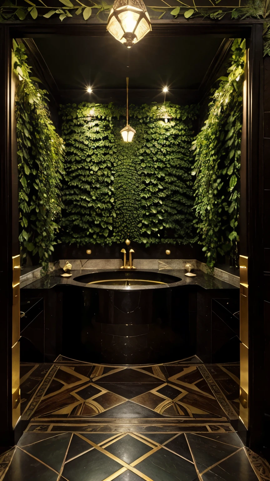 Crea un fondo inspirado en el laberinto del fauno, que tenga bordes ornamentados con plantas del bosque. Let the base color be black with natural green decorations and gold details. Inspirado en la magia y la edad media