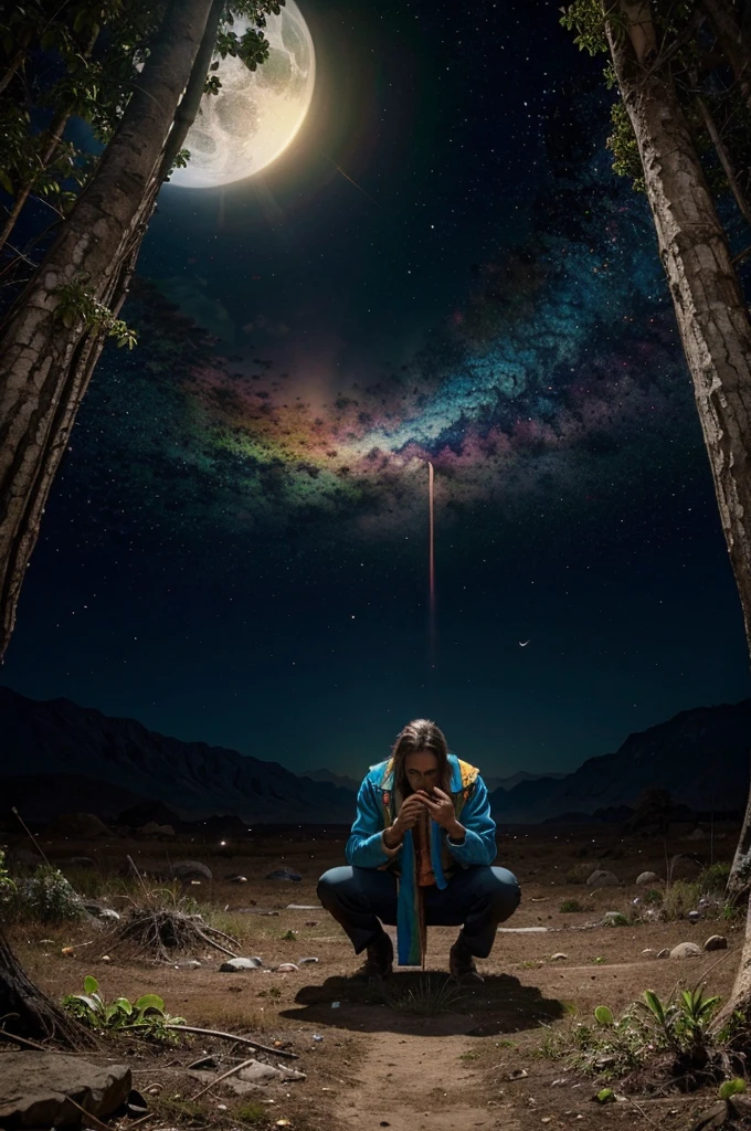 Un hombre drogado levitando En un planeta nuevo con muchos colores Y nuevas especies