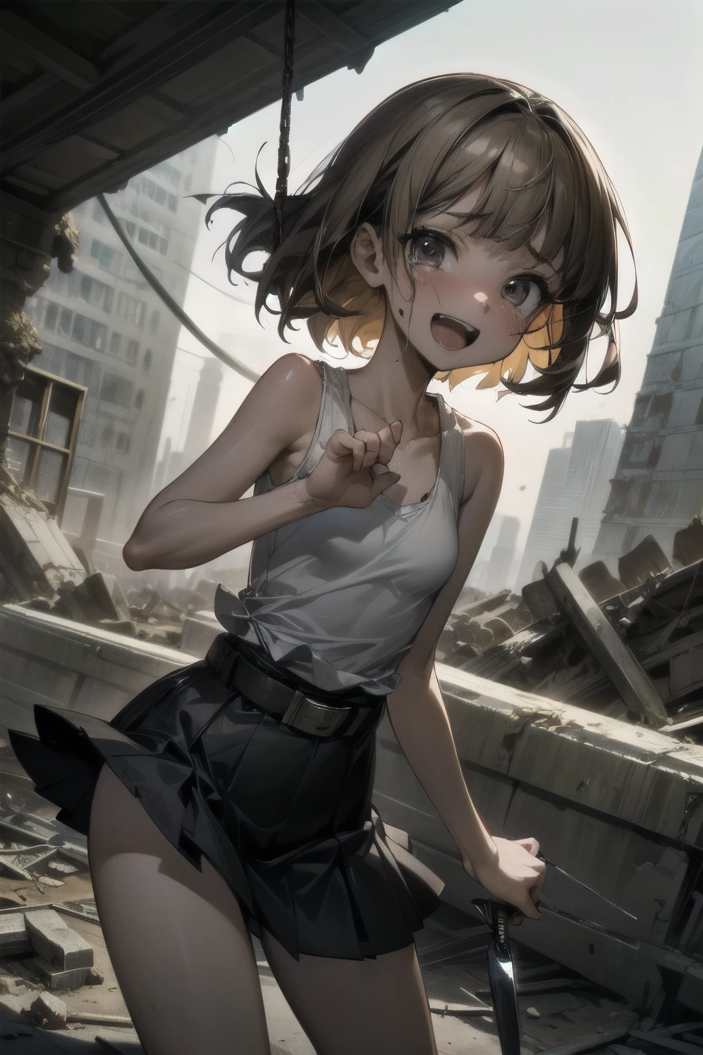 masterpiece, middle ages, battlefield, rubble, Devastation, blonde, aqua eye, ((((((hair over one eye)))))), side Braid, blunt bangs, bob hair, Ahoge, ((((nude)))), 1boy, open mouth, spread legs, front, front, arms behind head, (((Small breasts))), fang, ((smile)), ((scared)), grin, Smirking eyes
