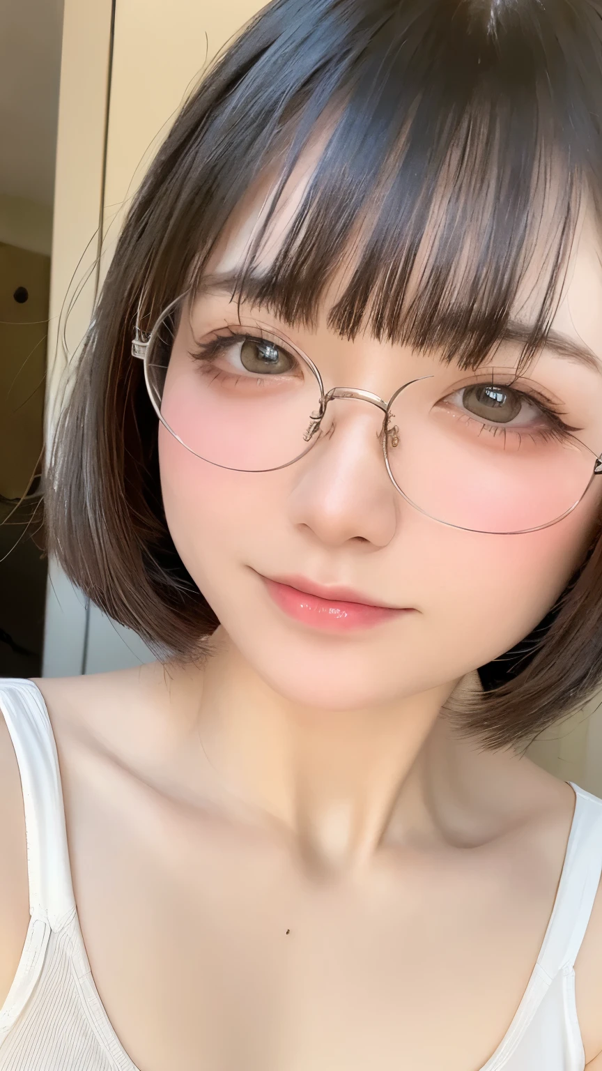 Beautiful and fair、Radiant Skin, 3 Up, Gorgeous, bright, Refreshing and gentle expression, Perfect beautiful face、Beautiful shiny bangs, A very beautiful  girl, Eyeliner, Very perfect eyes，Very large breasts，Grooves reveal original skin，Muscular body，Light brown tights，Upper Body，Silver glasses