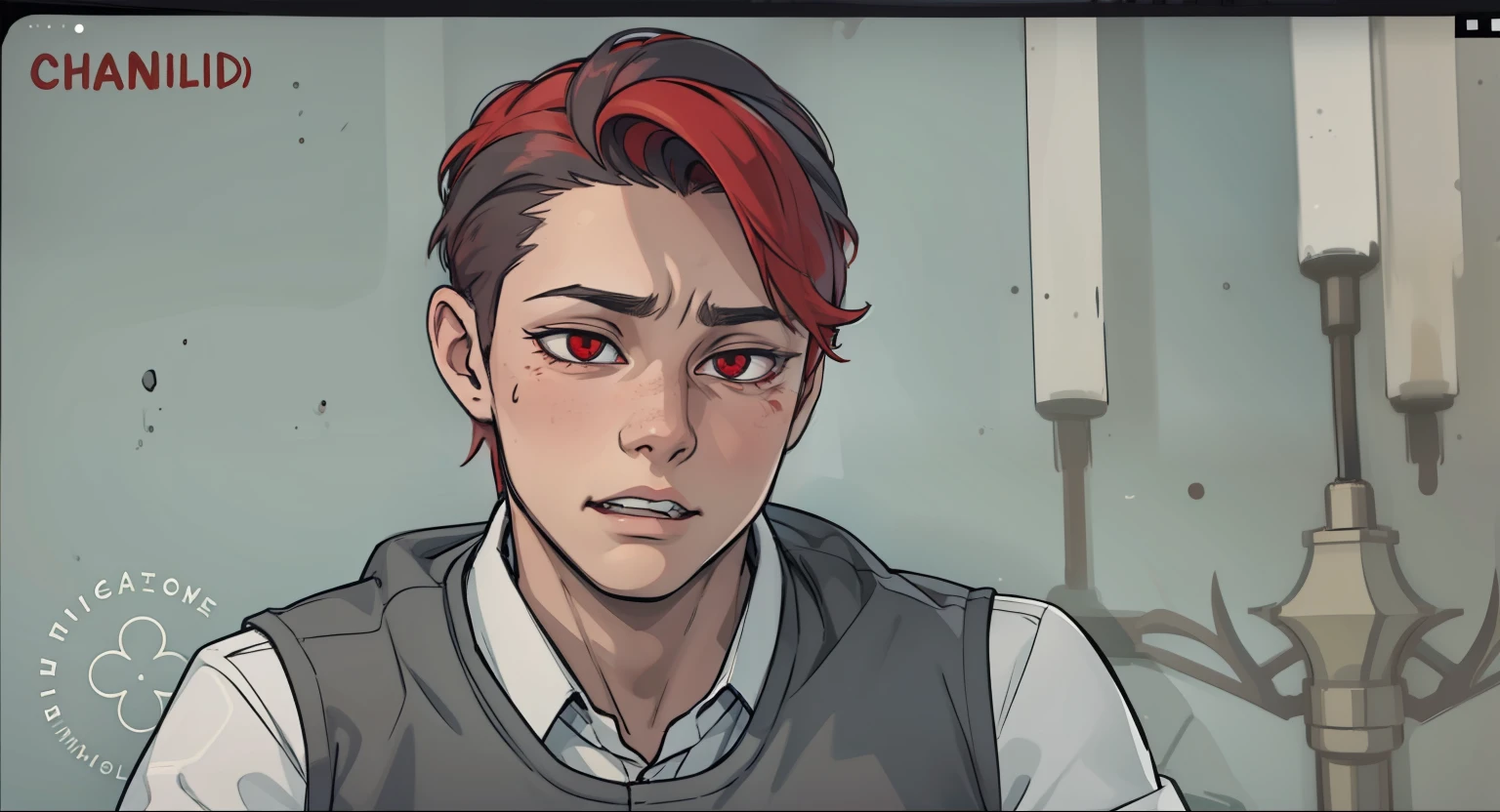 young 17 year old man is scared worried is scared has red hair red eyes