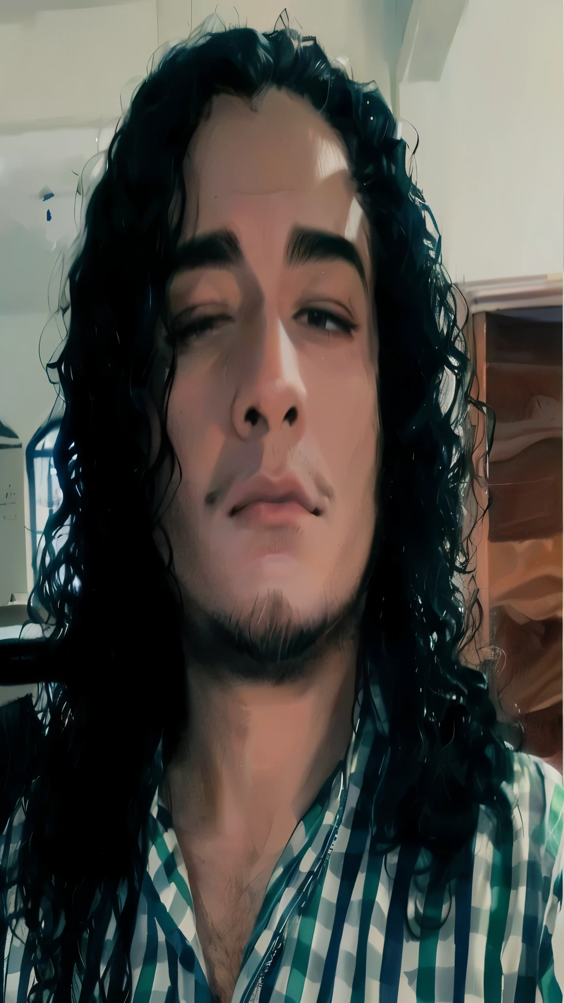 arafed man with long black hair and a plaid shirt, a black man with long curly hair, with his long black hair, inspired by Jorge Jacinto, with long curly hair, around 1 9 years old, alejandro, curls on top of his head, frontal picture, 2 8 years old, 2 7 years old, andres rios, with long hair