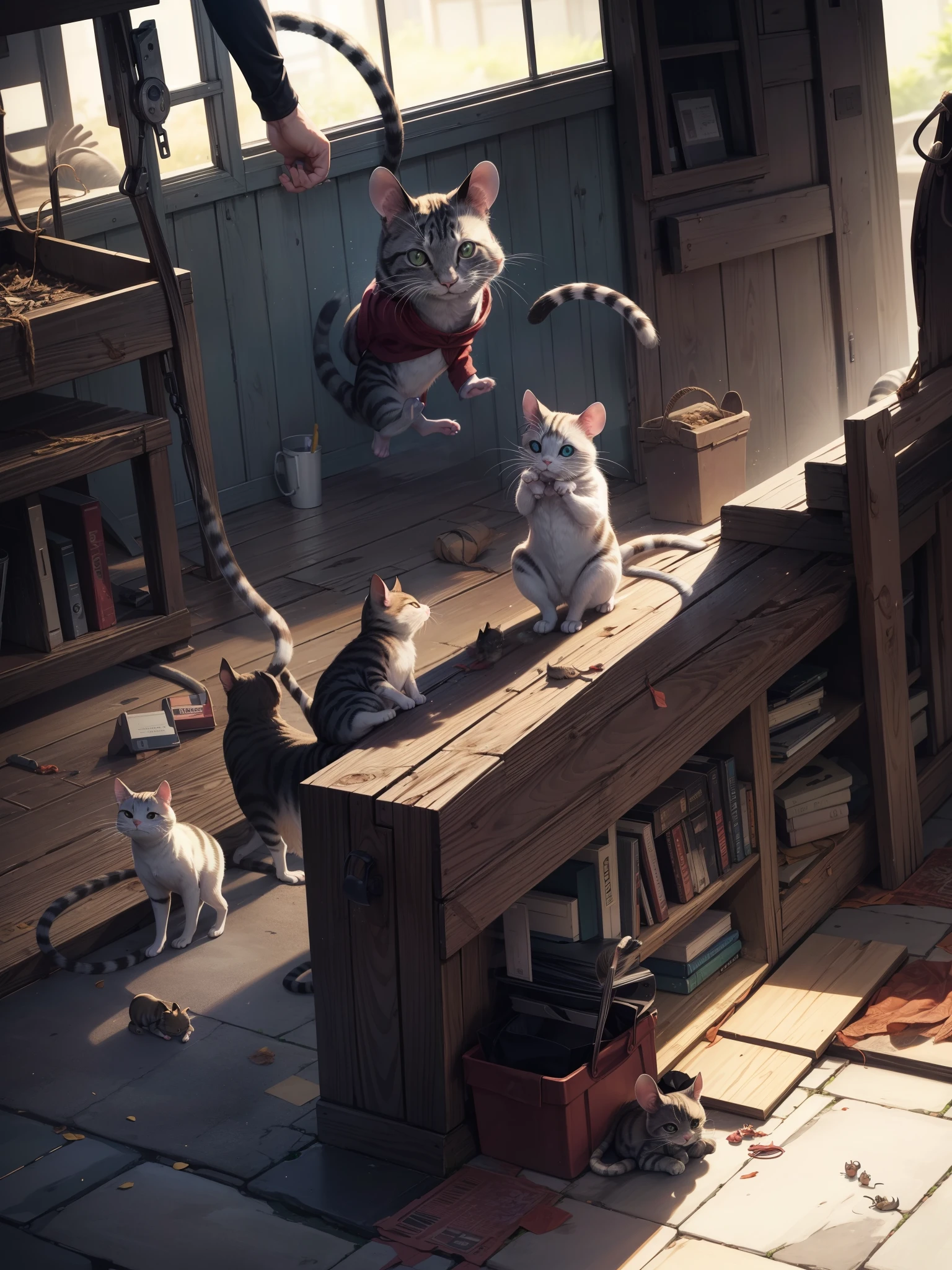 ### Frame 1: A cornered rat - **background**: A dark corner of the room。
- **character**: A scared and trembling mouse。
- **text**: 「There's no escape...」
### Frame 2: Approaching Cat - **background**: A cat standing right in front of a mouse。
- **character**: Cat glaring intimidatingly。
- **text**: 「This time I caught it!」
### Frame 3: The rats fight back - **background**: 変わらずA dark corner of the room。
- **character**: Suddenly confront、A mouse biting a cat's paw。
- **text**: 「I can't stand it anymore!」
### Frame 4: Surprised Cat - **background**: Cat taking a step back、Surprised expression of pain。
- **character**: A cat retreating by holding its legs。
- **text**: 「Oh my god!The rats are fighting back.!」