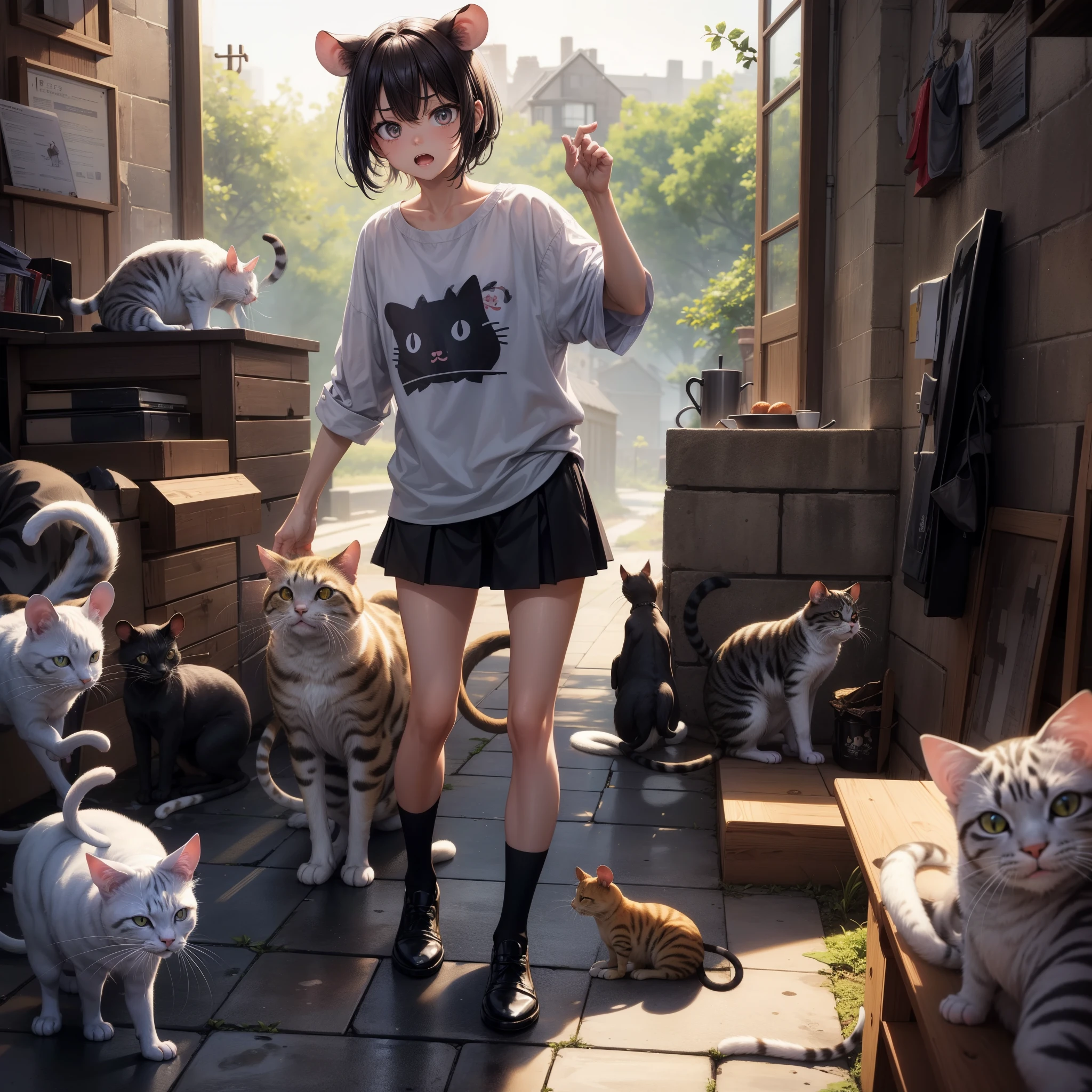 ### Frame 1: A cornered rat - **background**: A dark corner of the room。
- **character**: A scared and trembling mouse。
- **text**: 「There's no escape...」
### Frame 2: Approaching Cat - **background**: A cat standing right in front of a mouse。
- **character**: Cat glaring intimidatingly。
- **text**: 「This time I caught it!」
### Frame 3: The rats fight back - **background**: 変わらずA dark corner of the room。
- **character**: Suddenly confront、A mouse biting a cat's paw。
- **text**: 「I can't stand it anymore!」
### Frame 4: Surprised Cat - **background**: Cat taking a step back、Surprised expression of pain。
- **character**: A cat retreating by holding its legs。
- **text**: 「Oh my god!The rats are fighting back.!」