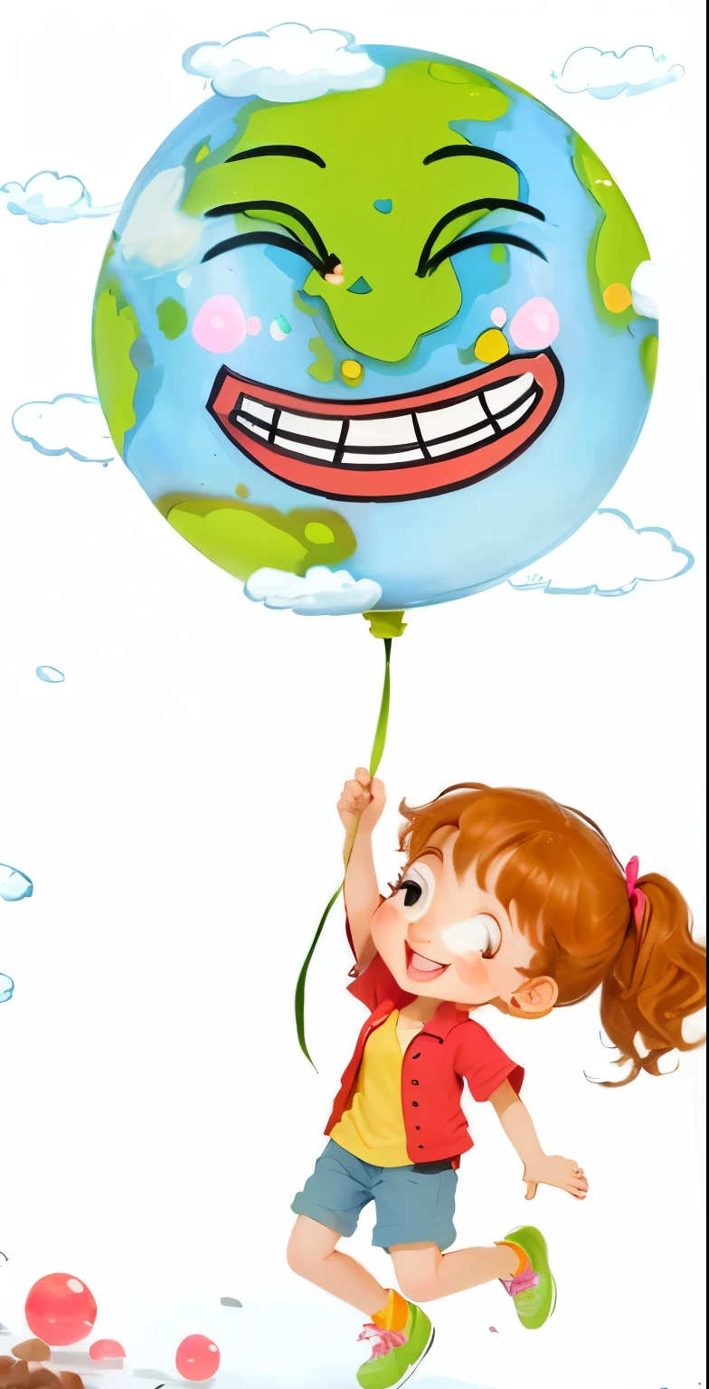 a cartoon picture of a 8 caucasian girl, with brown wavy hair, holding a earth shaped baloon with a smiling face