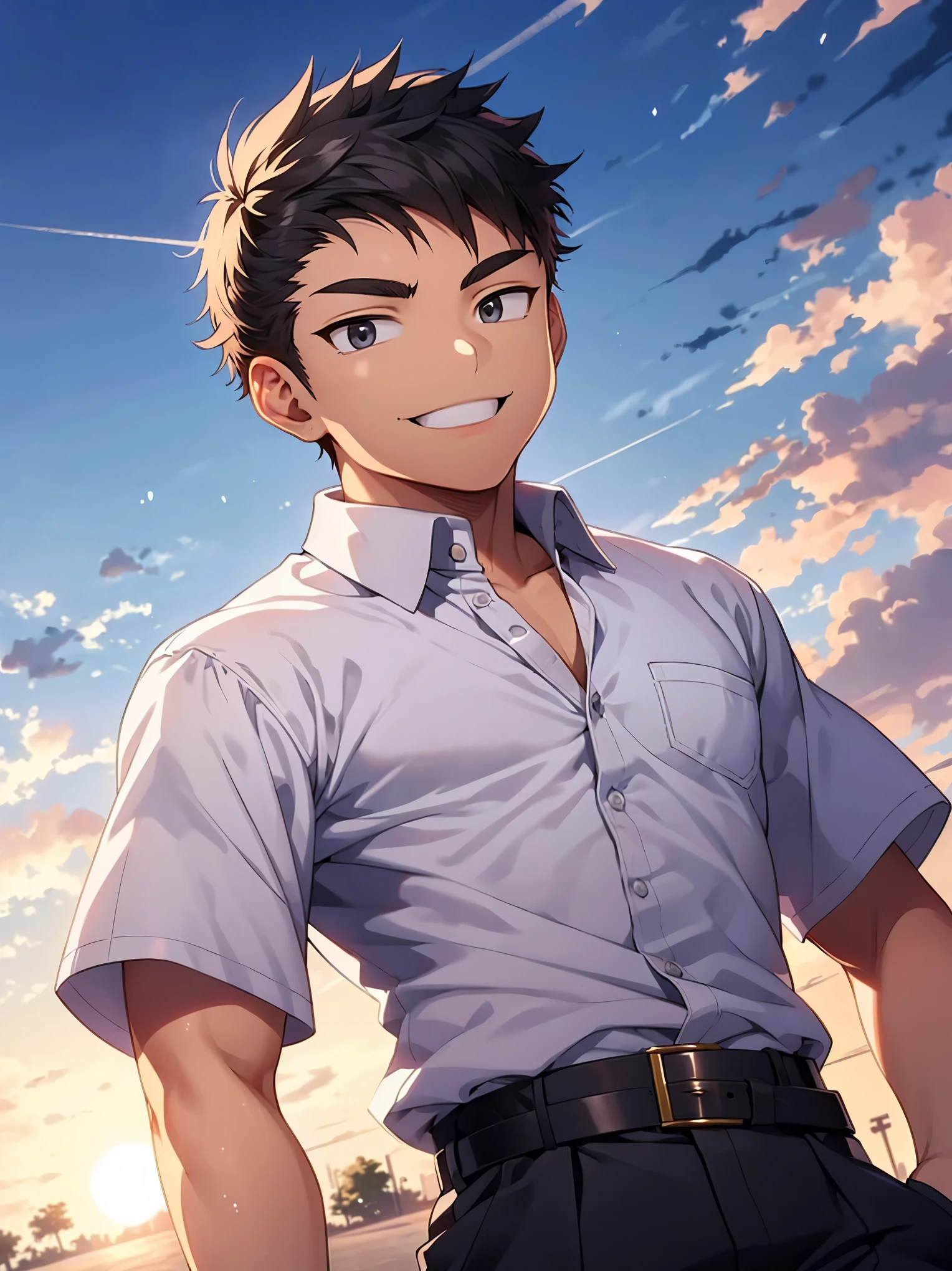 1 boy,smile,18 years old,black eyes,white open collared shirt,Short sleeves,,black slacks,belt,(morning sun),School zone,(detailed eyes),detailed skin,masterpiece
