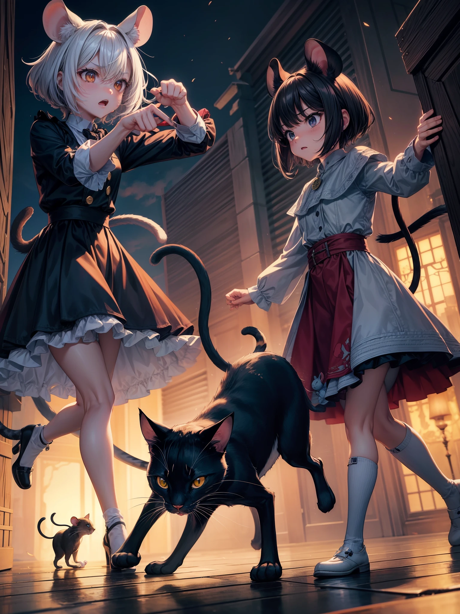 ### Frame 1: A cornered rat - **background**: A dark corner of the room。
- **character**: A scared and trembling mouse。
- **text**: 「There's no escape...」
### Frame 2: Approaching Cat - **background**: A cat standing right in front of a mouse。
- **character**: Cat glaring intimidatingly。
- **text**: 「This time I caught it!」
### Frame 3: The rats fight back - **background**: 変わらずA dark corner of the room。
- **character**: Suddenly confront、A mouse biting a cat's paw。
- **text**: 「I can't stand it anymore!」
### Frame 4: Surprised Cat - **background**: Cat taking a step back、Surprised expression of pain。
- **character**: A cat retreating by holding its legs。
- **text**: 「Oh my god!The rats are fighting back.!」