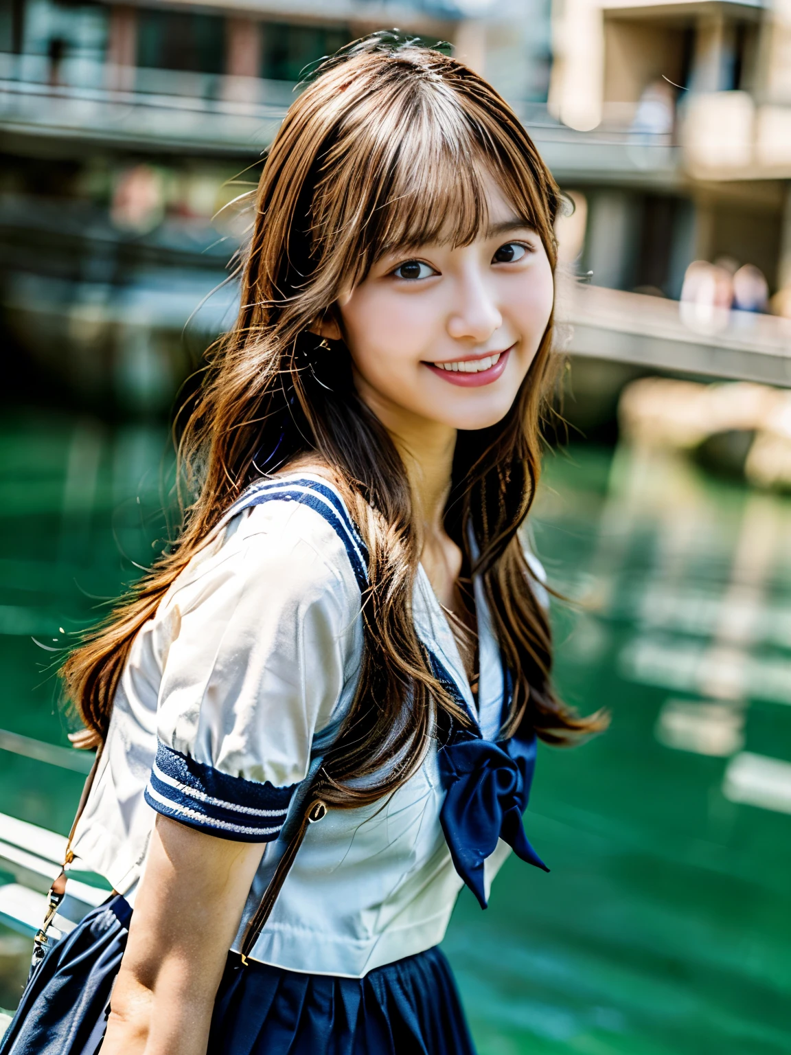 (photorealistic:1.37), ultimately realistic textures, clearly, highest quality,best image,Japanese girl,flat chest,long brown hair,beautiful girl,sailor suit,smile