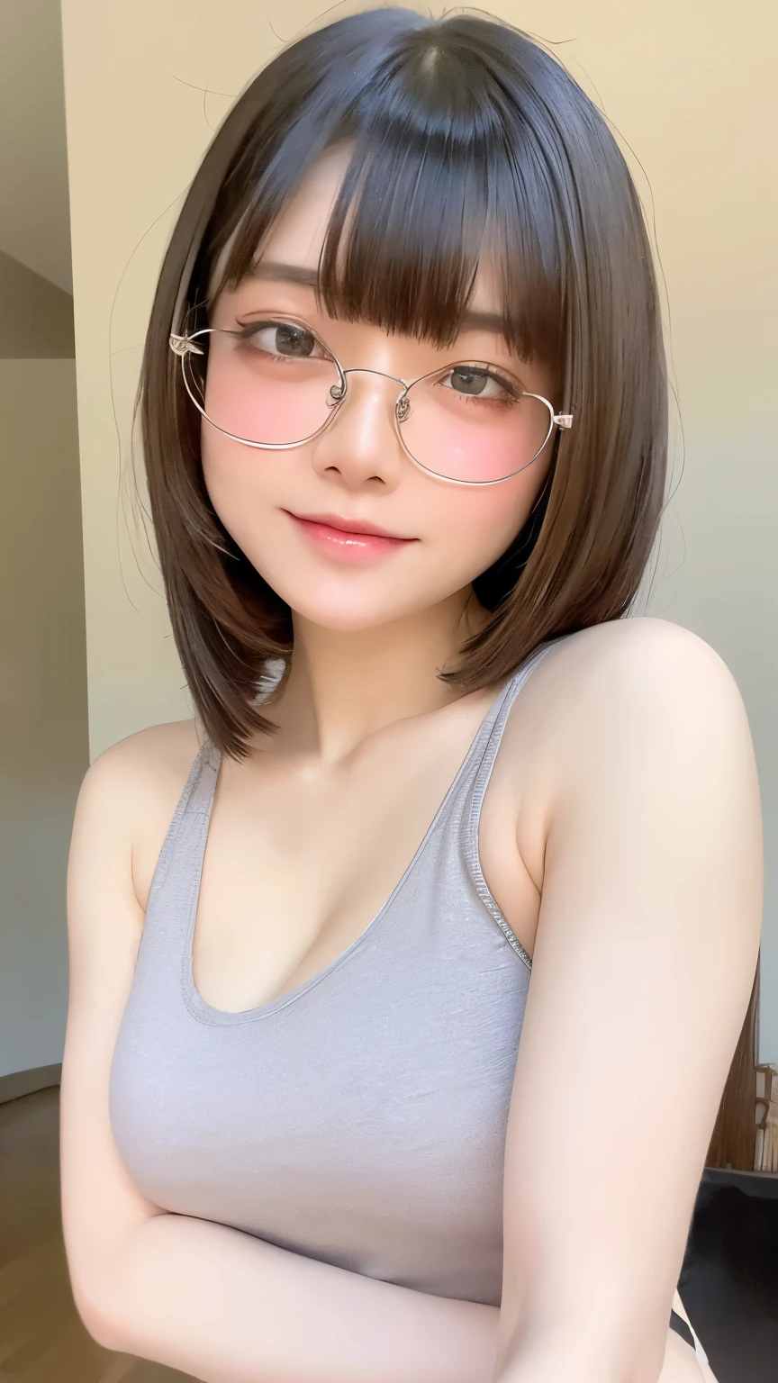 Beautiful and fair、Radiant Skin, 3 Up, Gorgeous, bright, Refreshing and gentle expression, Perfect beautiful face、Beautiful shiny bangs, A very beautiful  girl, Eyeliner, Very perfect eyes，Very large breasts，Grooves reveal original skin，Muscular body，Light Khaki Yoga Wear，Upper Body，Silver glasses