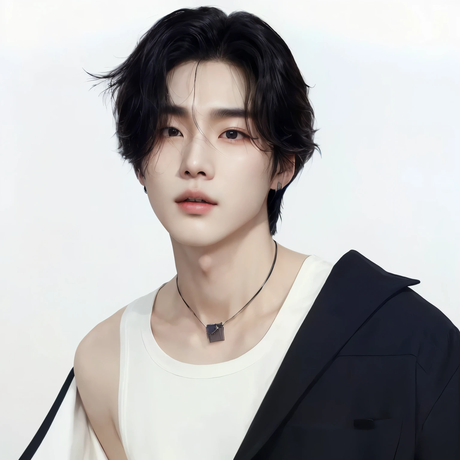 arafed image of a man with a black jacket and a white shirt, cai xukun, jung jaehyun, jinyoung shin, hyung tae, taejune kim, jimin, kim doyoung, yan, yanjun chengt, jia, delicate androgynous prince, inspired by Zhang Han, seseon yoon, shin jeongho, hong june hyung