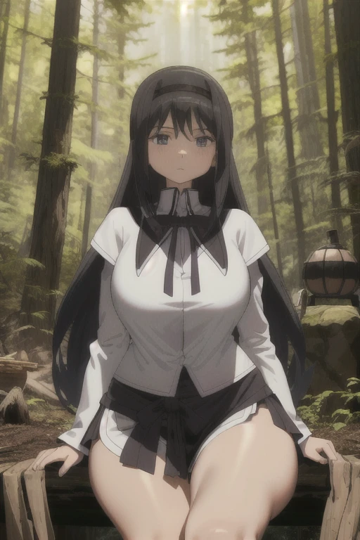 bp-homura, 1girl, long hair, solo, akemi homura, black hair, 1girl, solo, huge breasts, huge thighs, narrow waist, wide hips, thick thighs, curvy, , loin cloth, topless, amazon, cave woman, forest, campfire, (best quality), ((masterpiece)), (highres), (highly ultra detailed face and hair and skin and eyes and finger and background and hair:1.2)