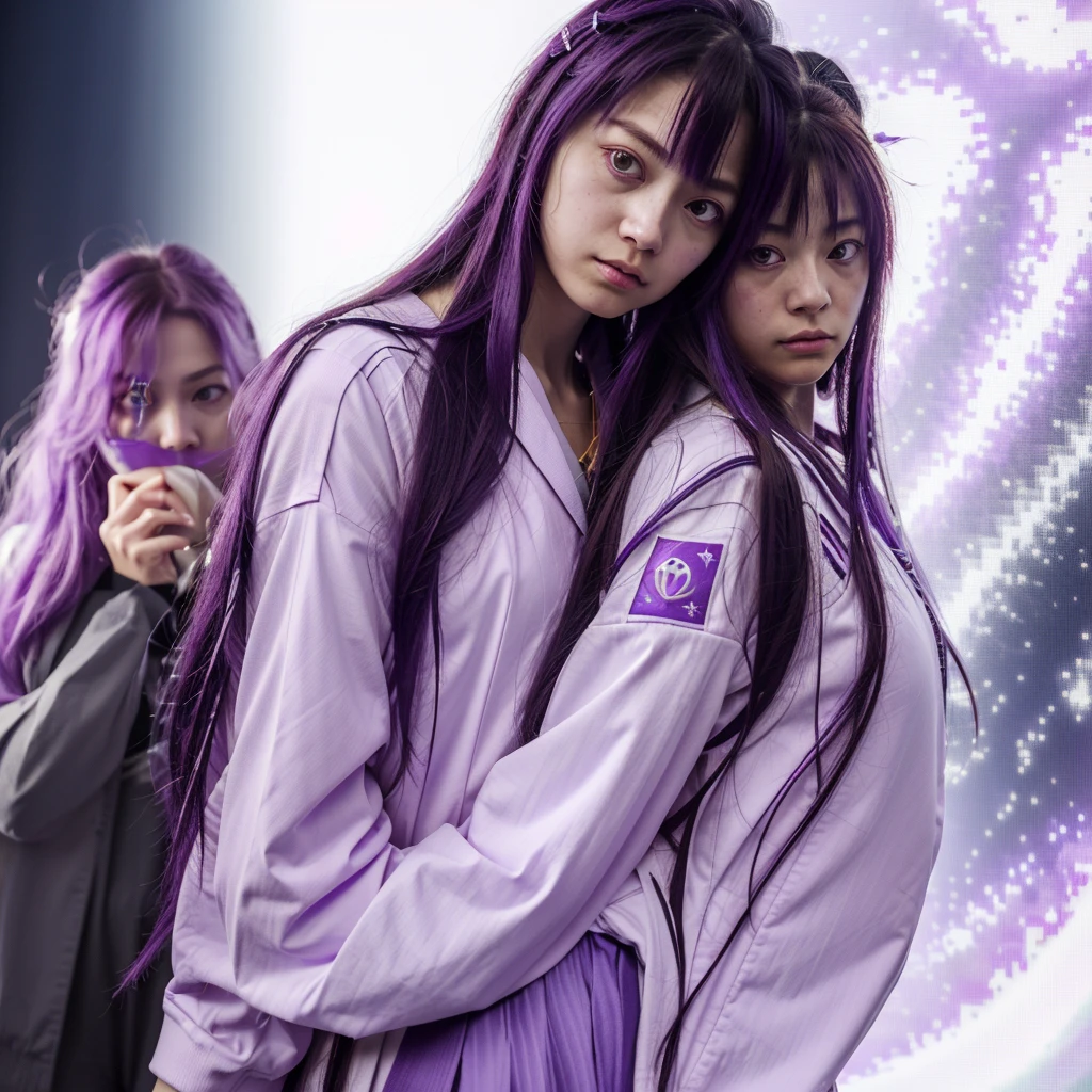 (Extreme complexity, two subjects)(subject 1: cryptic girl (CrptGrl), purple white gradient long hair, indifferent, kind, in her iconic outfit) and her companion Lisa (average Japanese woman, sailor scout outfit (small) looking embarrassed) confront a fire breathing dragon