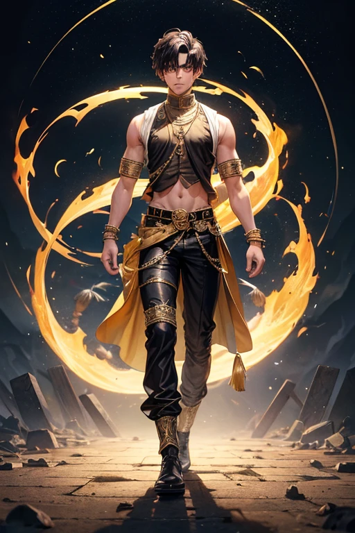 Rajeev Bugwatti, 20 years old, short dark golden brown hair, short messy hair, black colored eyes, djinn clothing, light yellow sleeveless open vest, light yellow vest with black Arabic print, light black Arabic pants, belt golden, djinn bracelet with silver gems, brown boots, phosphorescent yellow tattoos, surrounded by fire and golden smoke, tied with chains of hands and feet surrounded by white chains, magic circles in each hand light blue on a background of Arab ruins.