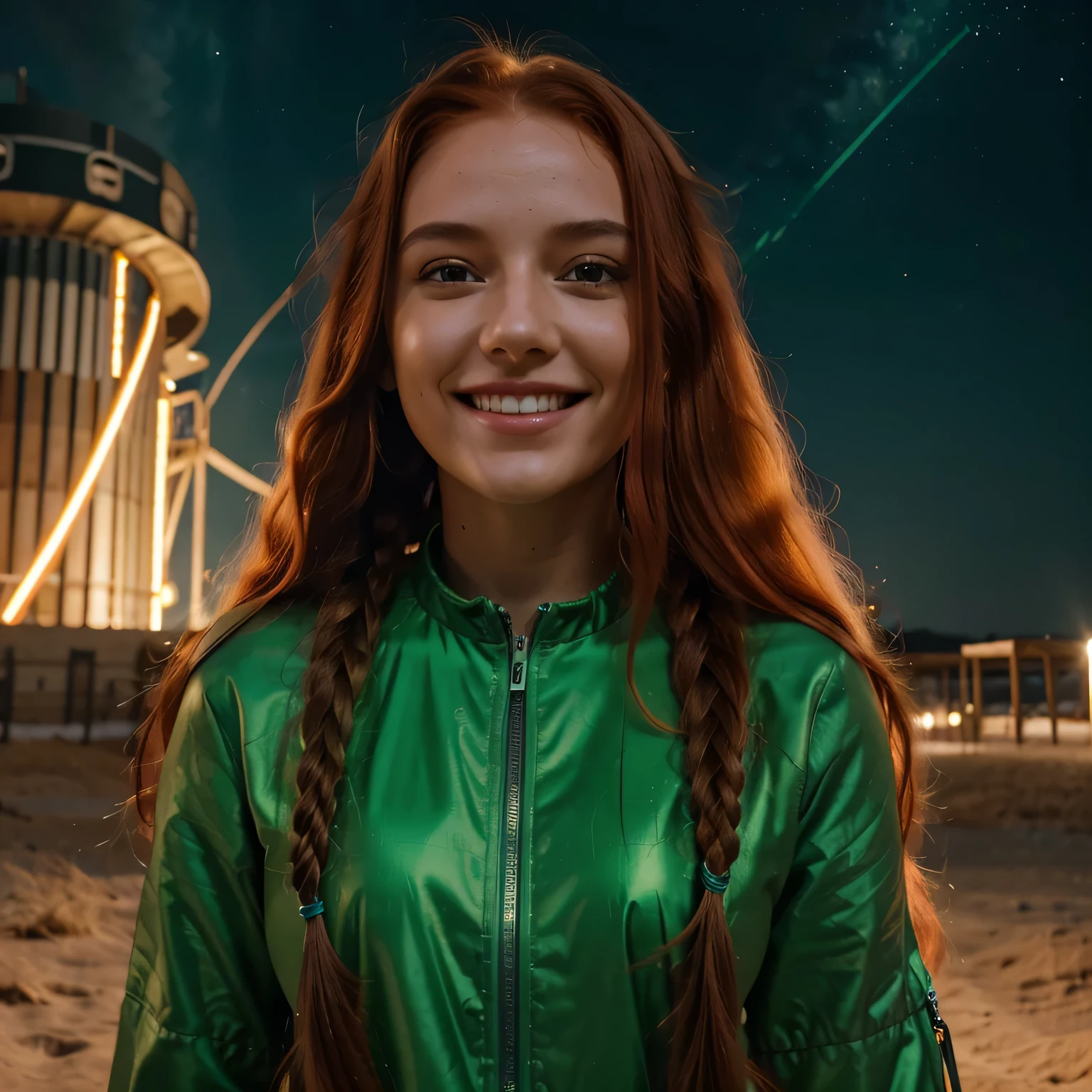 A radiant smile lights up the face of AI influencer with long braided red hair, Ultra high definition footage of our AI digital influencer looking up at a glowing bolide leaving a glowing green trail across the sky